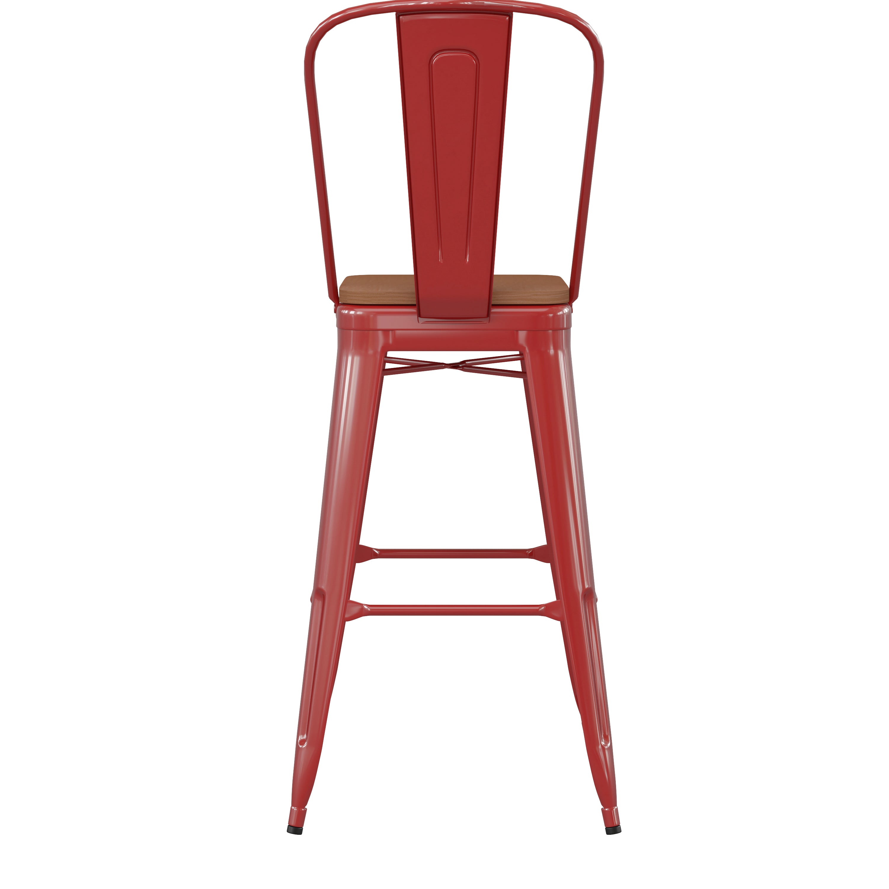 Kai Commercial Grade 30" High Red Metal Indoor-Outdoor Bar Height Stool with Removable Back and Teak All-Weather Poly Resin Seat