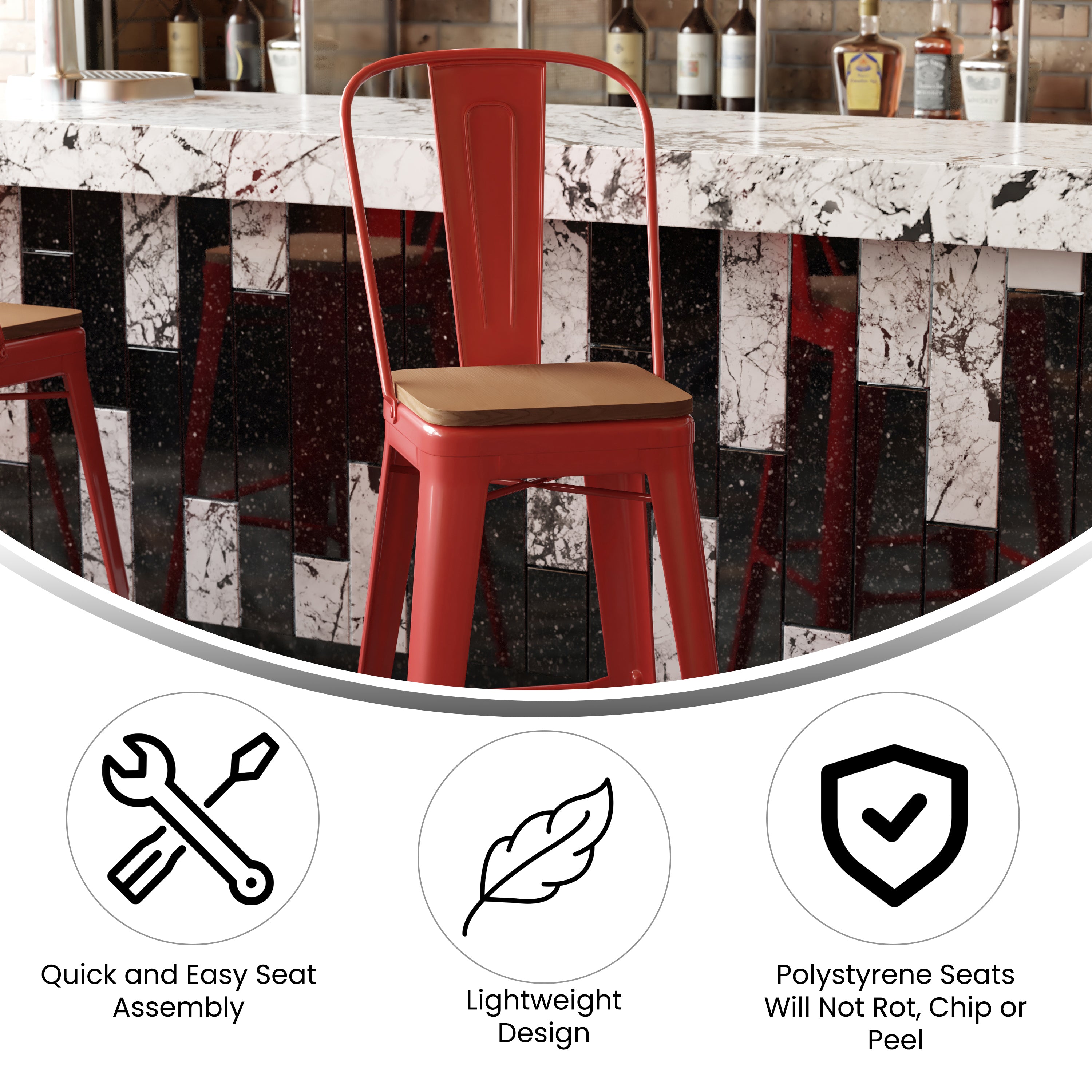 Kai Commercial Grade 30" High Red Metal Indoor-Outdoor Bar Height Stool with Removable Back and Teak All-Weather Poly Resin Seat