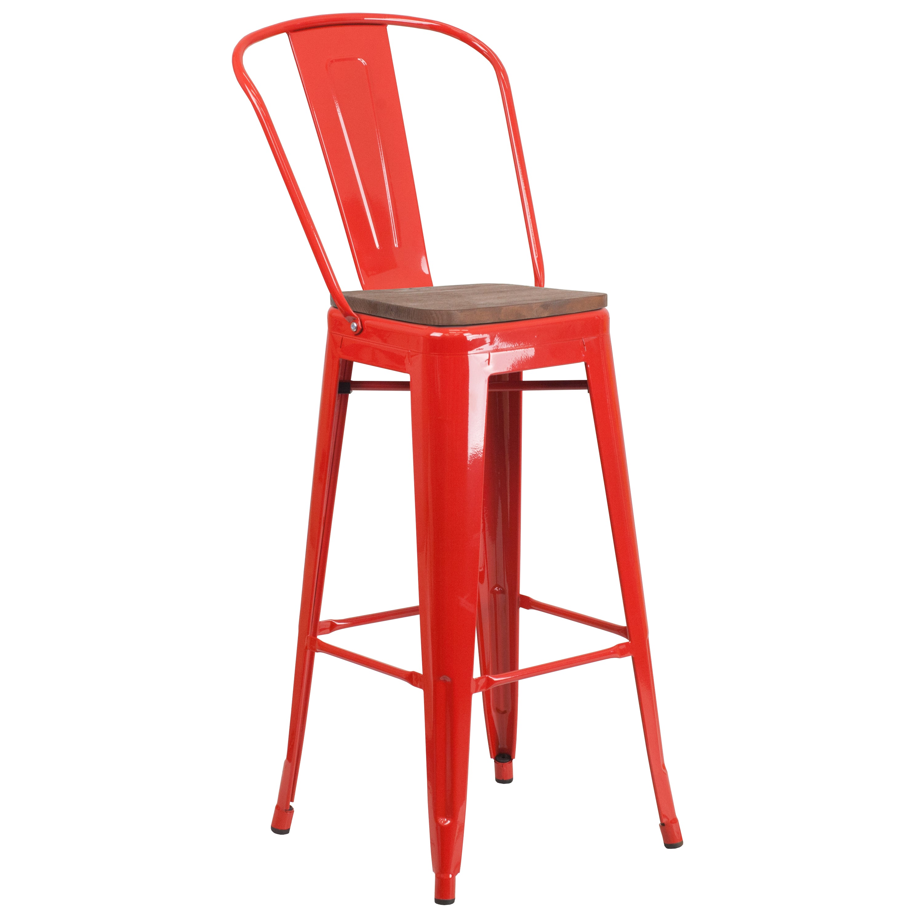 Lily 30" High Red Metal Barstool with Back and Wood Seat