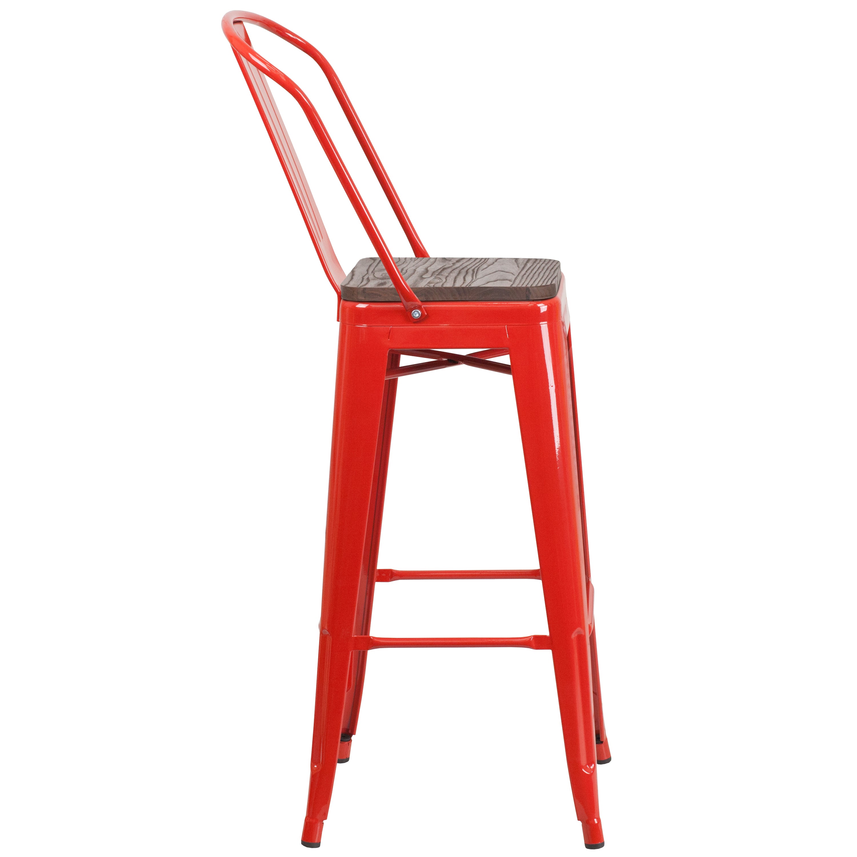 Lily 30" High Red Metal Barstool with Back and Wood Seat