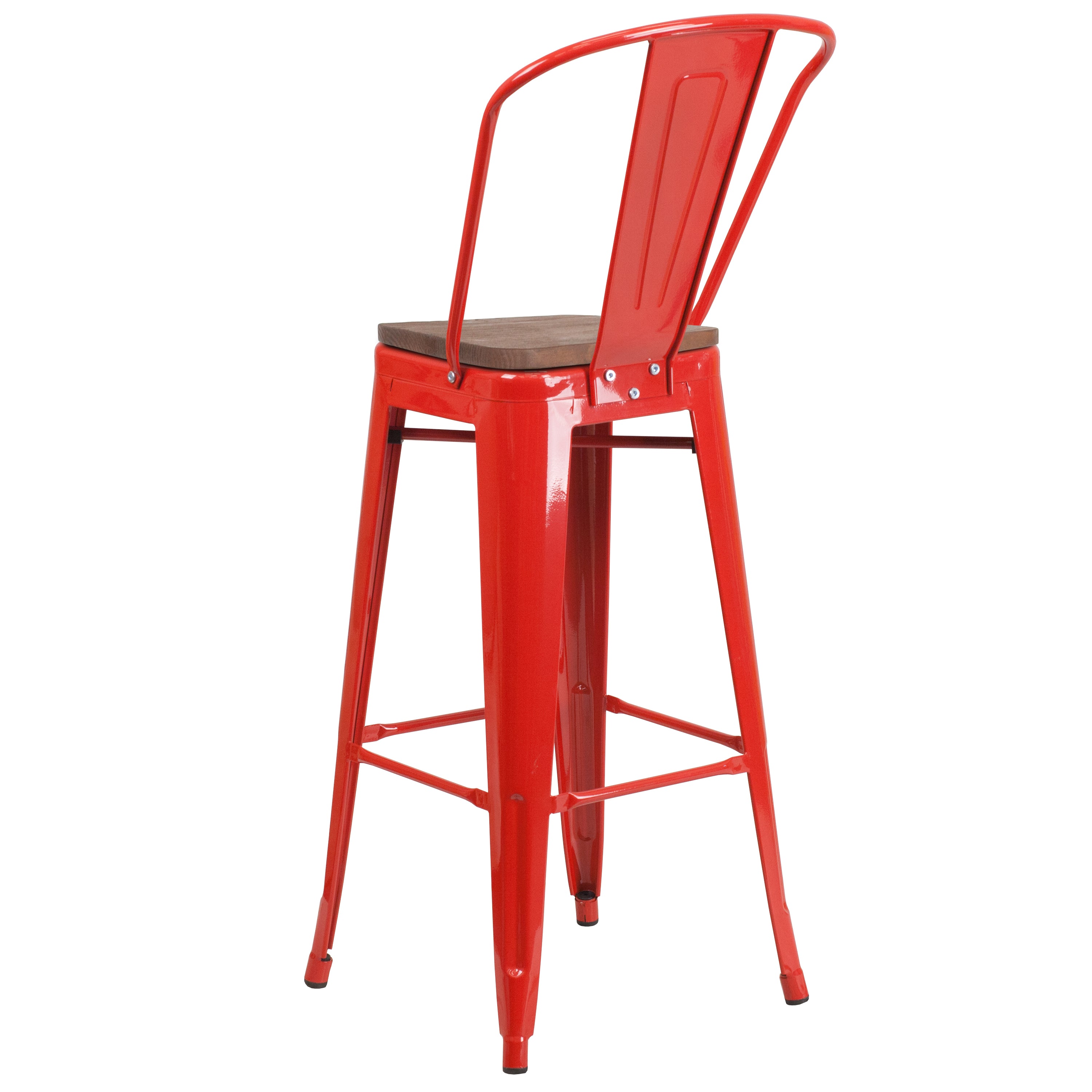 Lily 30" High Red Metal Barstool with Back and Wood Seat