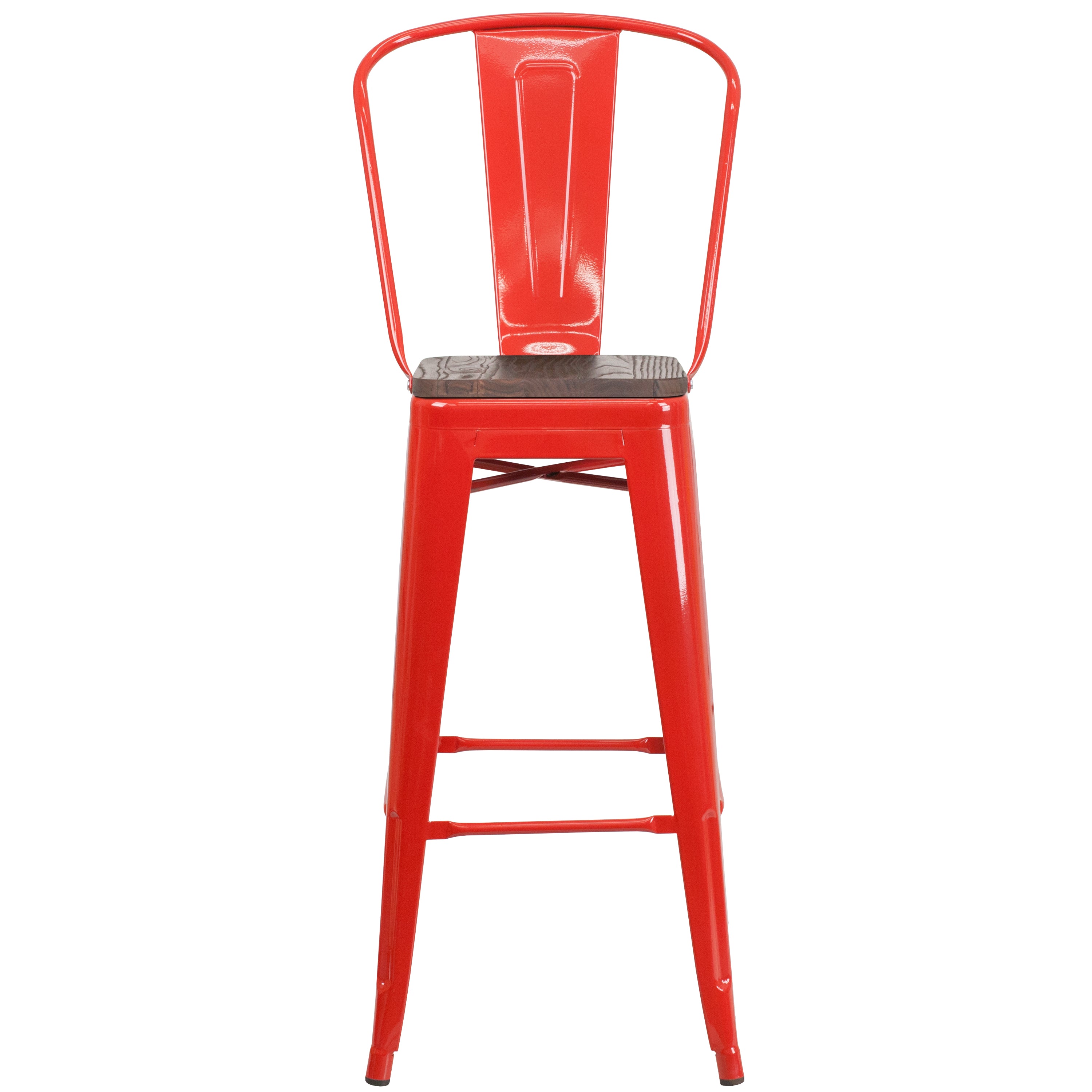 Lily 30" High Red Metal Barstool with Back and Wood Seat