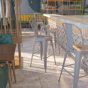 Kai Commercial Grade 30" High Silver Metal Indoor-Outdoor Barstool with Removable Back