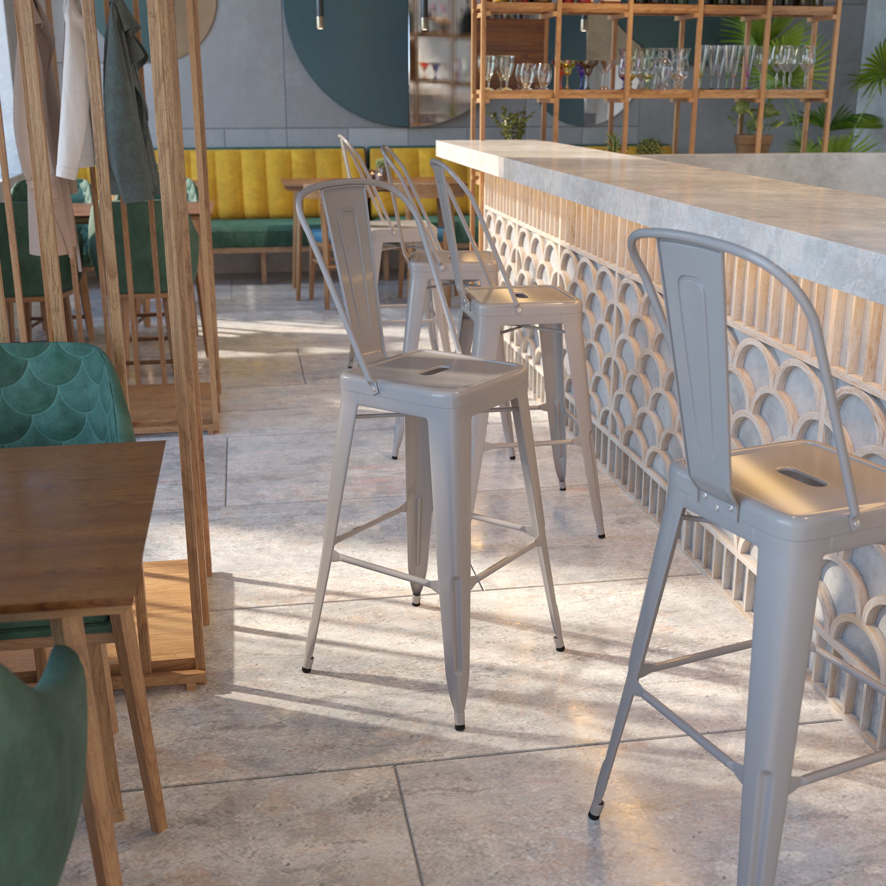 Kai Commercial Grade 30" High Silver Metal Indoor-Outdoor Barstool with Removable Back