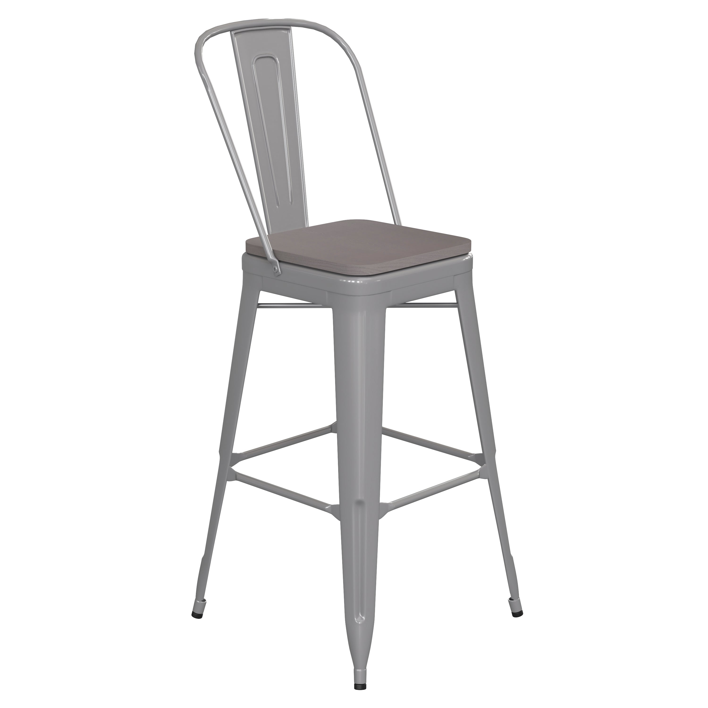 Kai Commercial Grade 30" High Silver Metal Indoor-Outdoor Bar Height Stool with Removable Back and Gray All-Weather Poly Resin Seat
