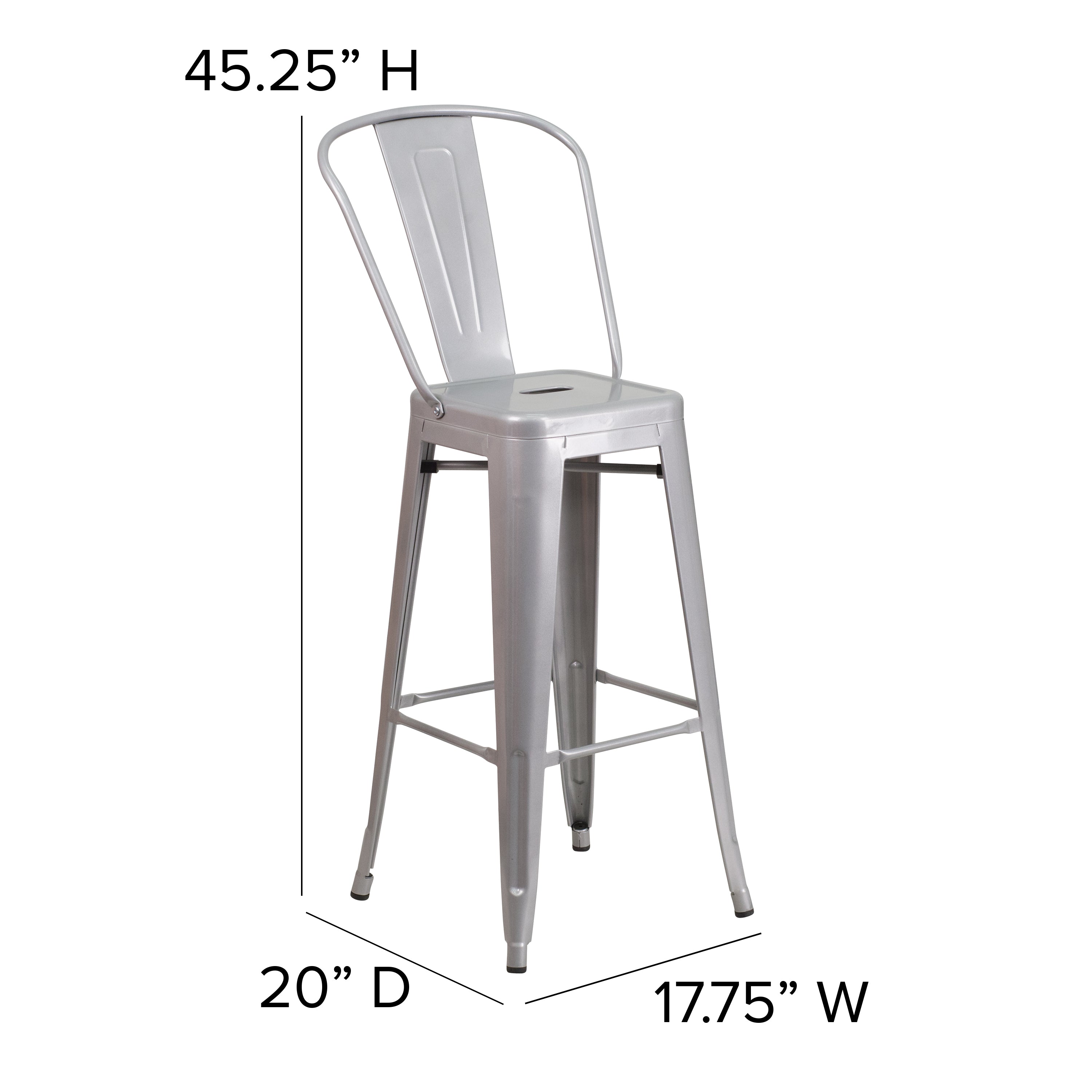 Kai Commercial Grade 30" High Silver Metal Indoor-Outdoor Bar Height Stool with Removable Back and Gray All-Weather Poly Resin Seat