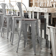 Kai Commercial Grade 30" High Silver Metal Indoor-Outdoor Bar Height Stool with Removable Back and Gray All-Weather Poly Resin Seat