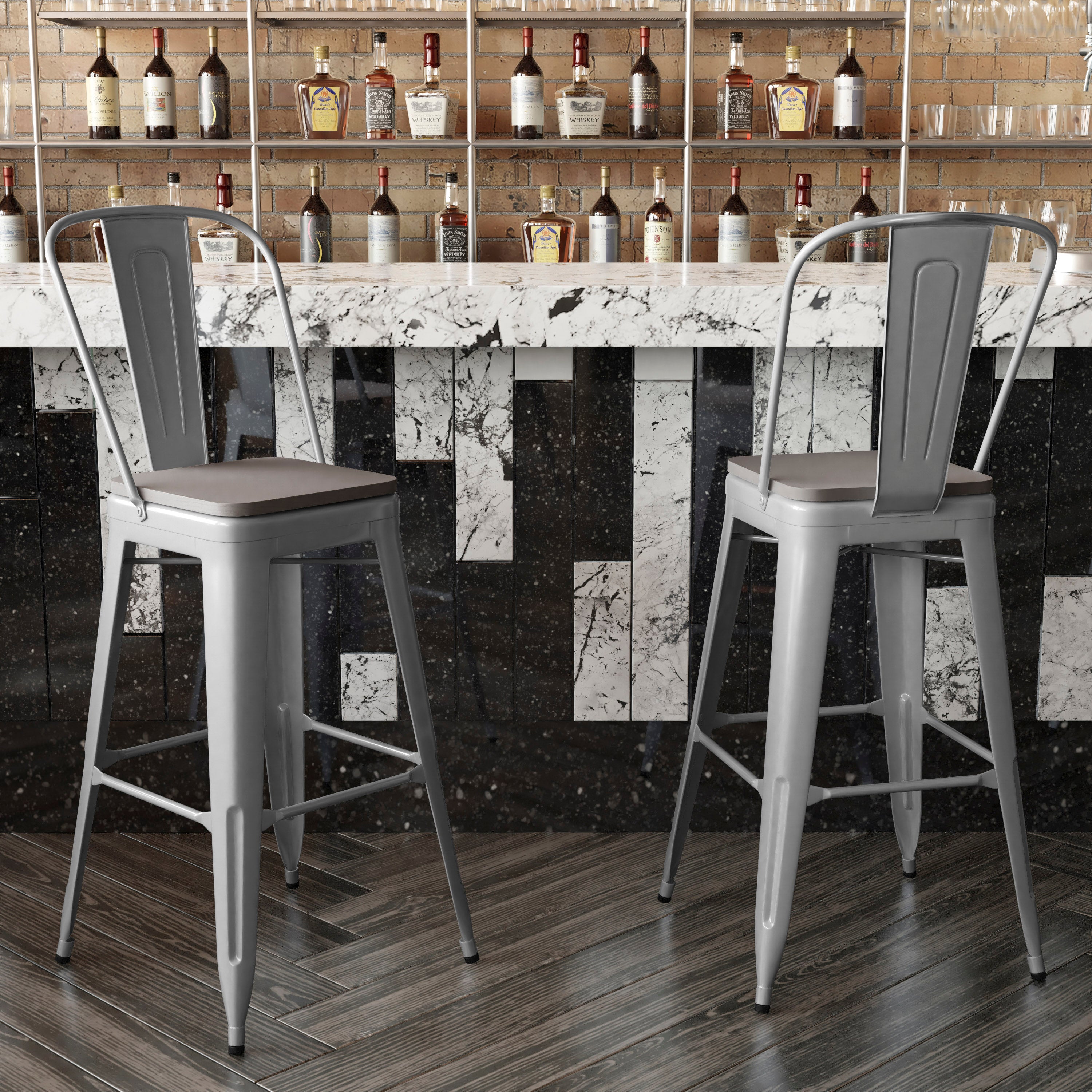Kai Commercial Grade 30" High Silver Metal Indoor-Outdoor Bar Height Stool with Removable Back and Gray All-Weather Poly Resin Seat