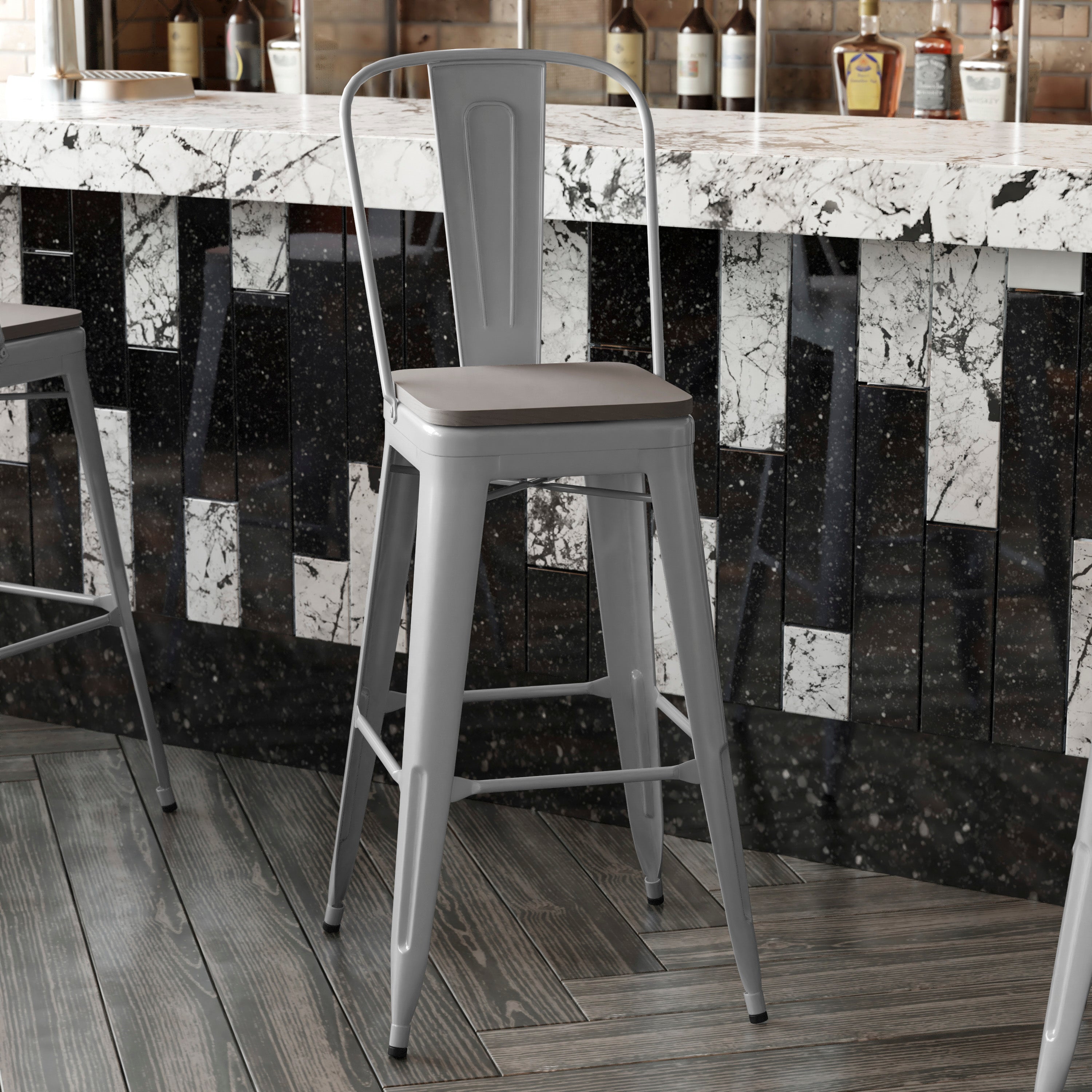 Kai Commercial Grade 30" High Silver Metal Indoor-Outdoor Bar Height Stool with Removable Back and Gray All-Weather Poly Resin Seat