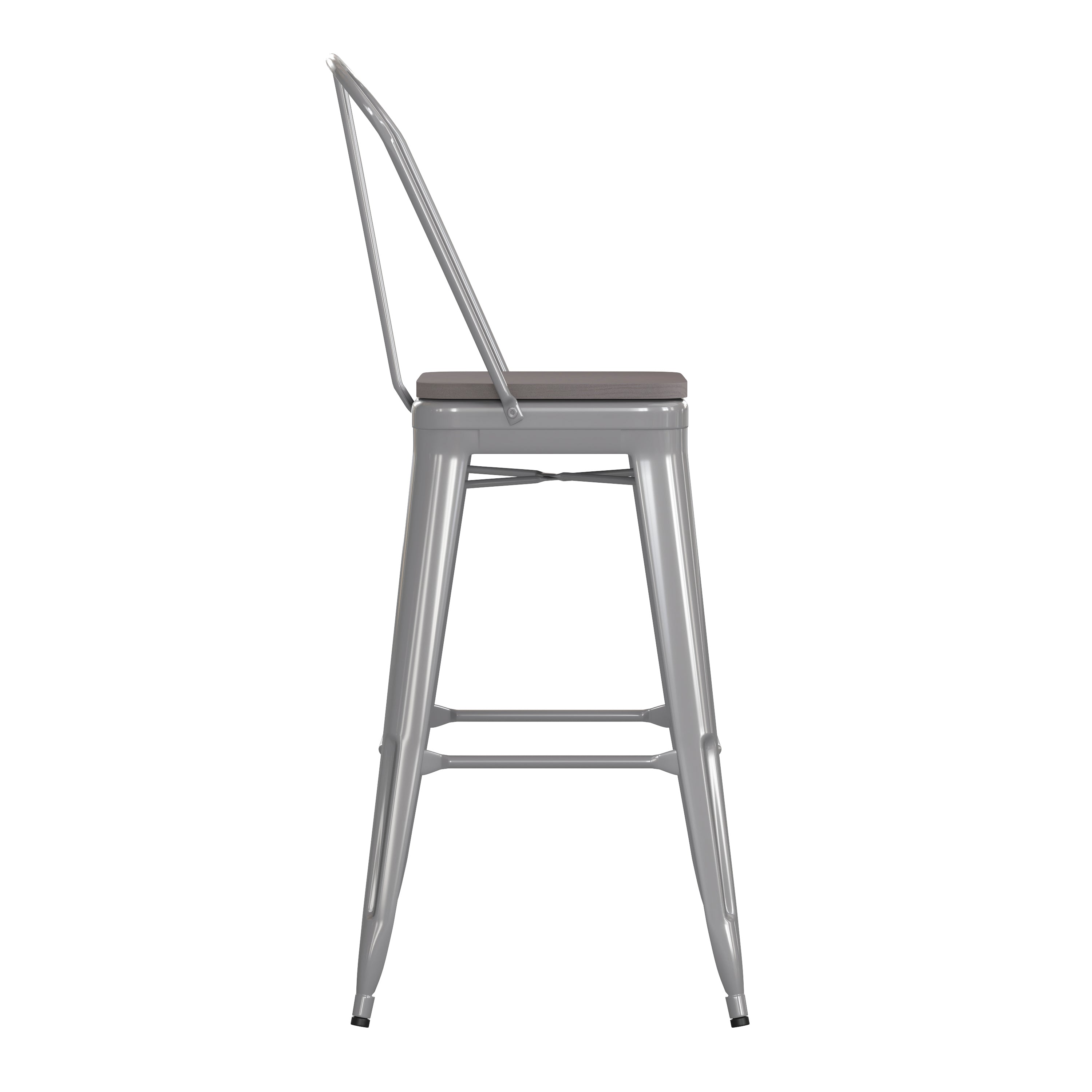 Kai Commercial Grade 30" High Silver Metal Indoor-Outdoor Bar Height Stool with Removable Back and Gray All-Weather Poly Resin Seat