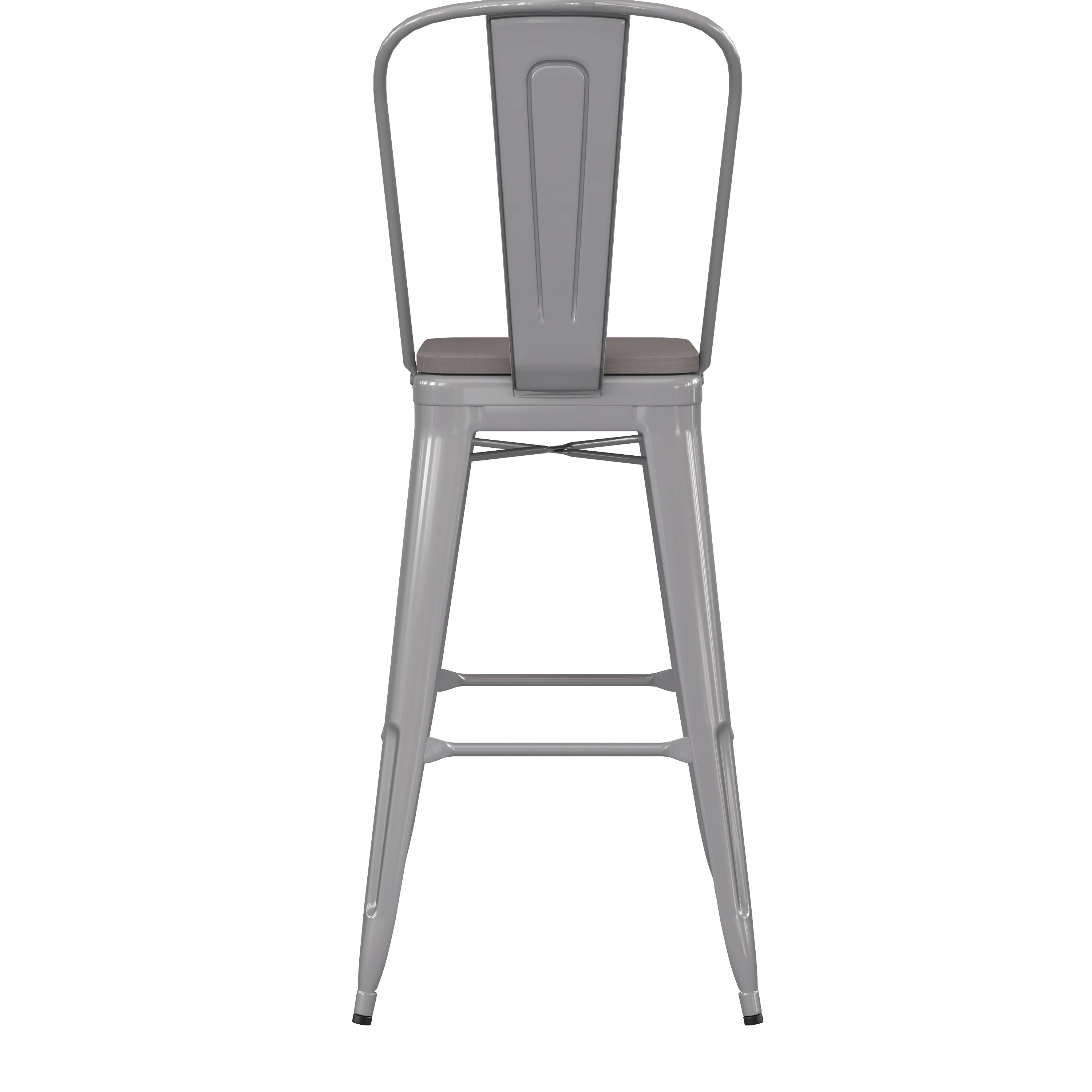 Kai Commercial Grade 30" High Silver Metal Indoor-Outdoor Bar Height Stool with Removable Back and Gray All-Weather Poly Resin Seat