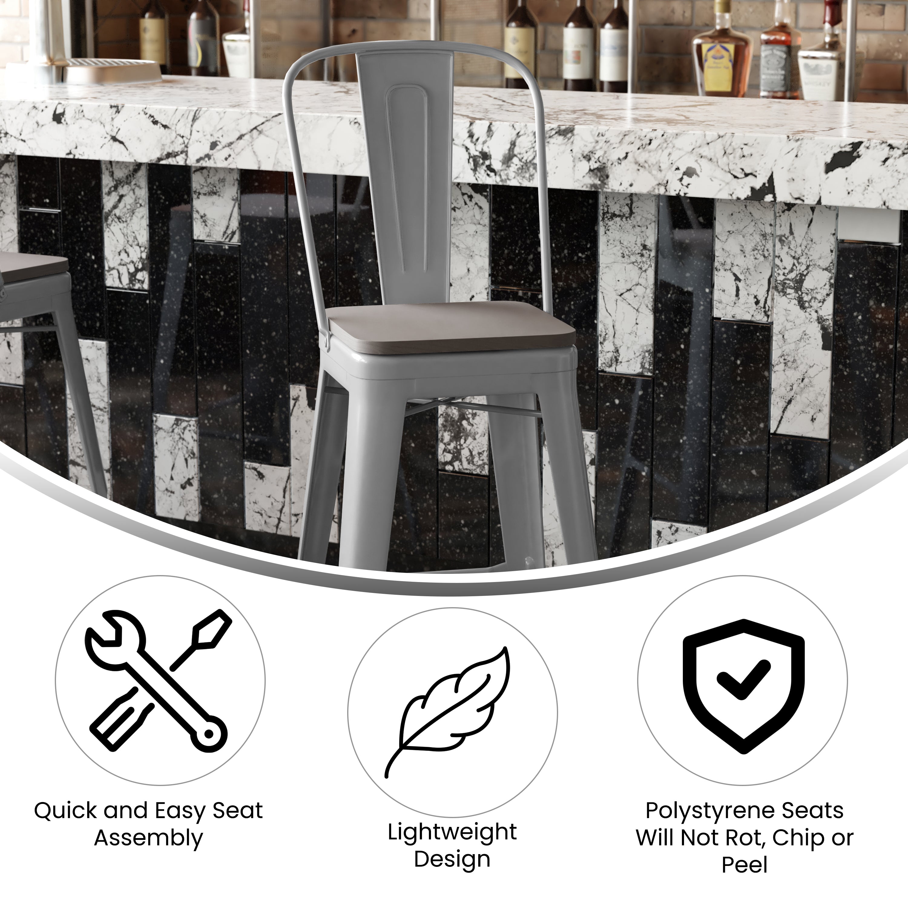 Kai Commercial Grade 30" High Silver Metal Indoor-Outdoor Bar Height Stool with Removable Back and Gray All-Weather Poly Resin Seat
