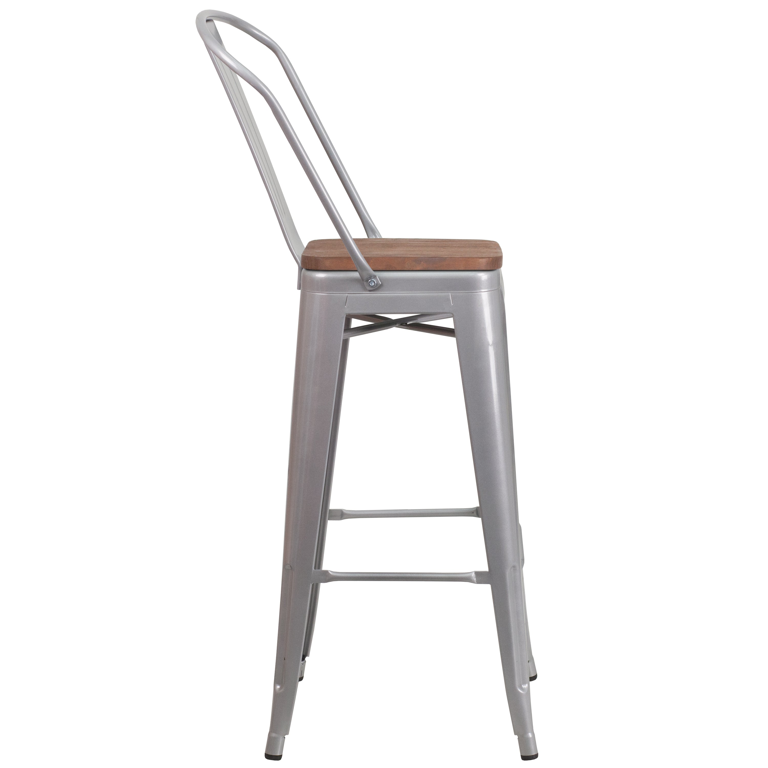 Lily 30" High Silver Metal Barstool with Back and Wood Seat