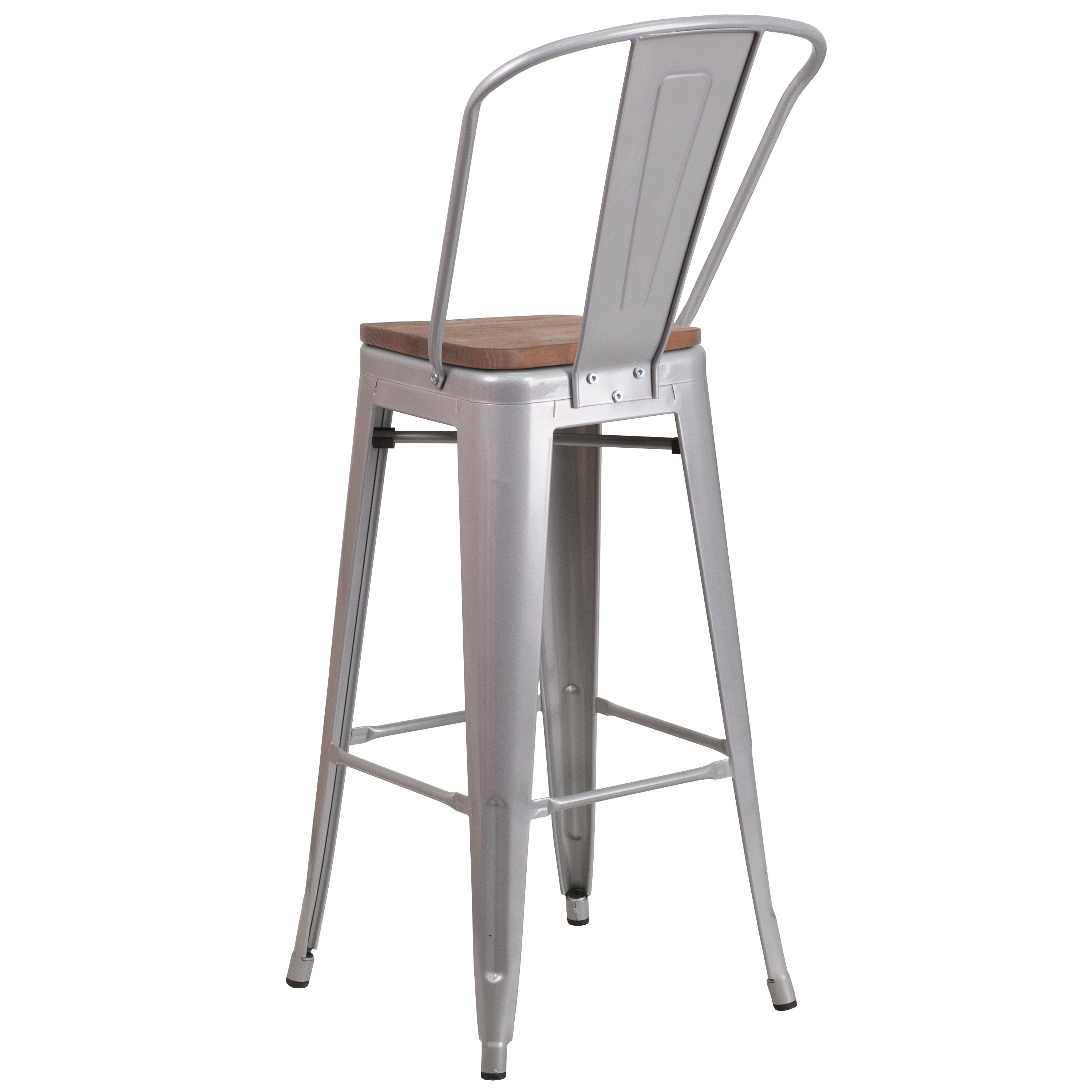 Lily 30" High Silver Metal Barstool with Back and Wood Seat