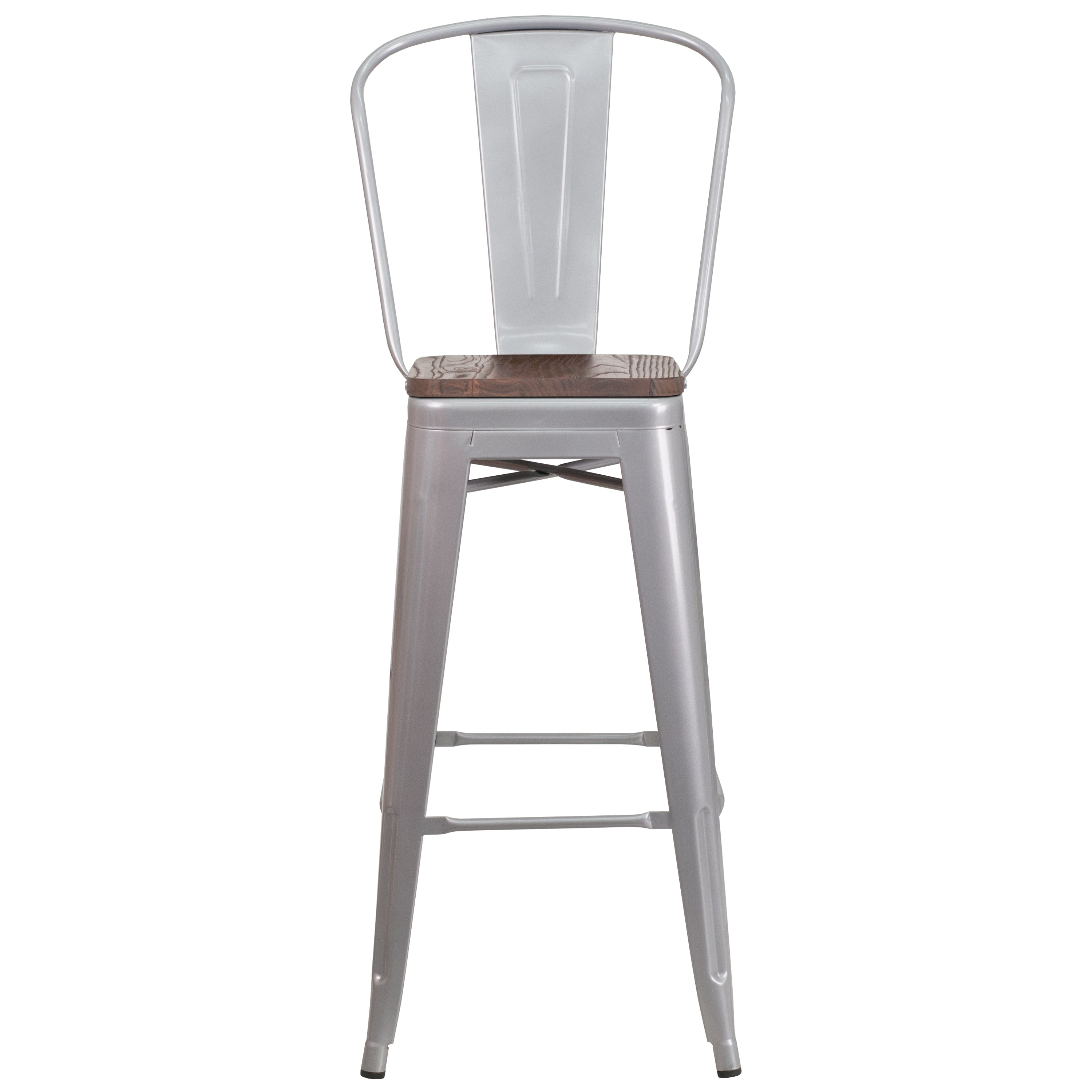 Lily 30" High Silver Metal Barstool with Back and Wood Seat