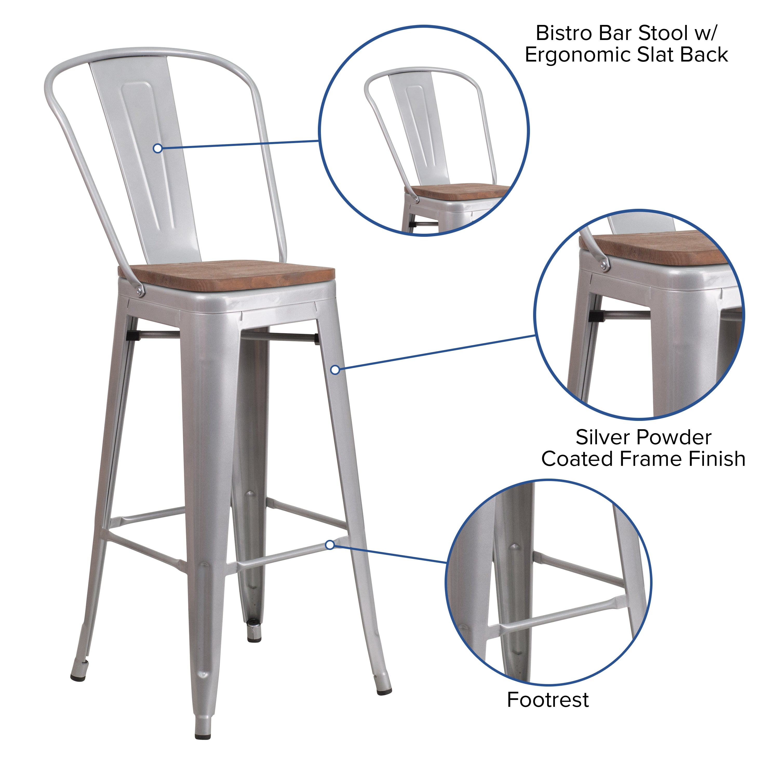 Lily 30" High Silver Metal Barstool with Back and Wood Seat