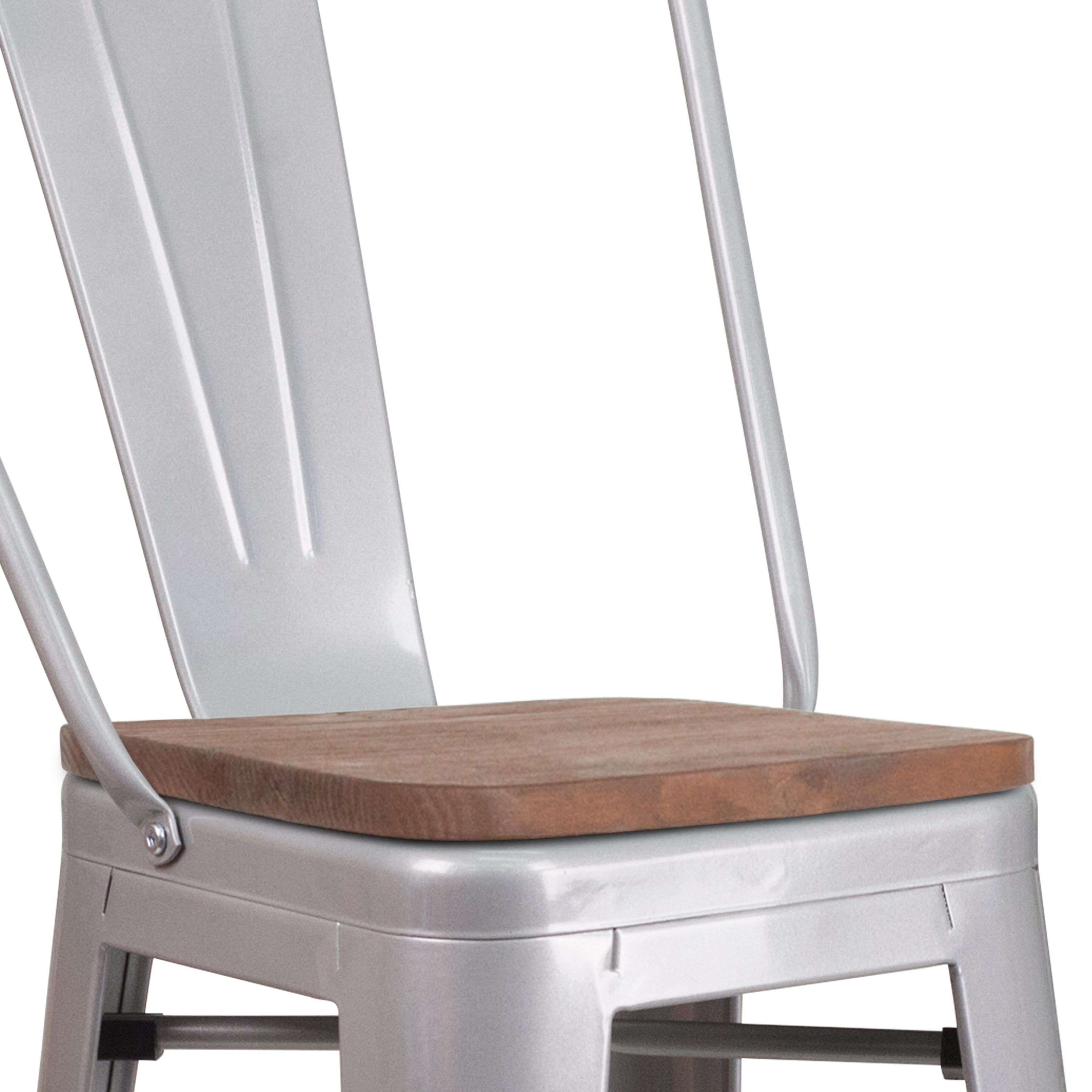 Lily 30" High Silver Metal Barstool with Back and Wood Seat