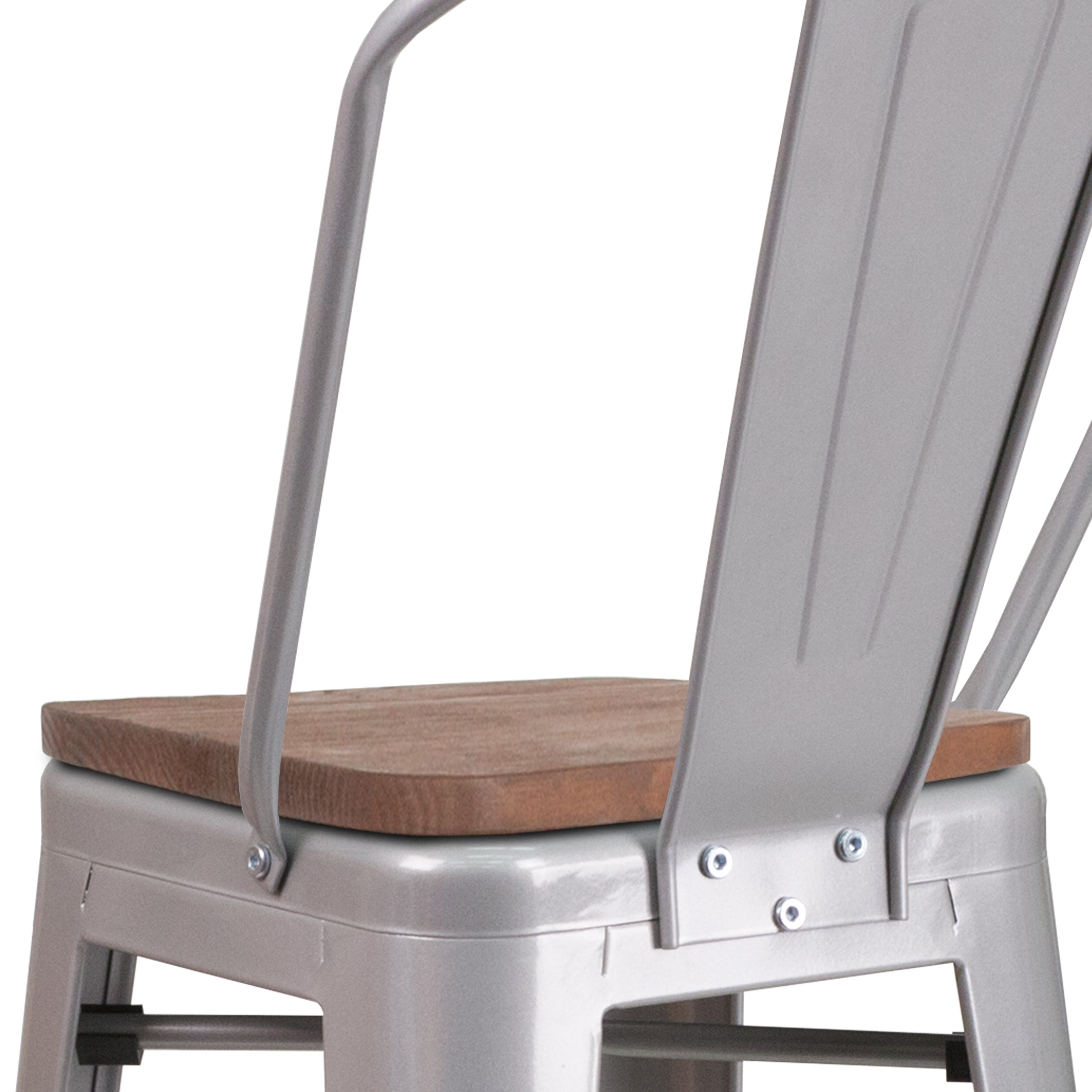Lily 30" High Silver Metal Barstool with Back and Wood Seat