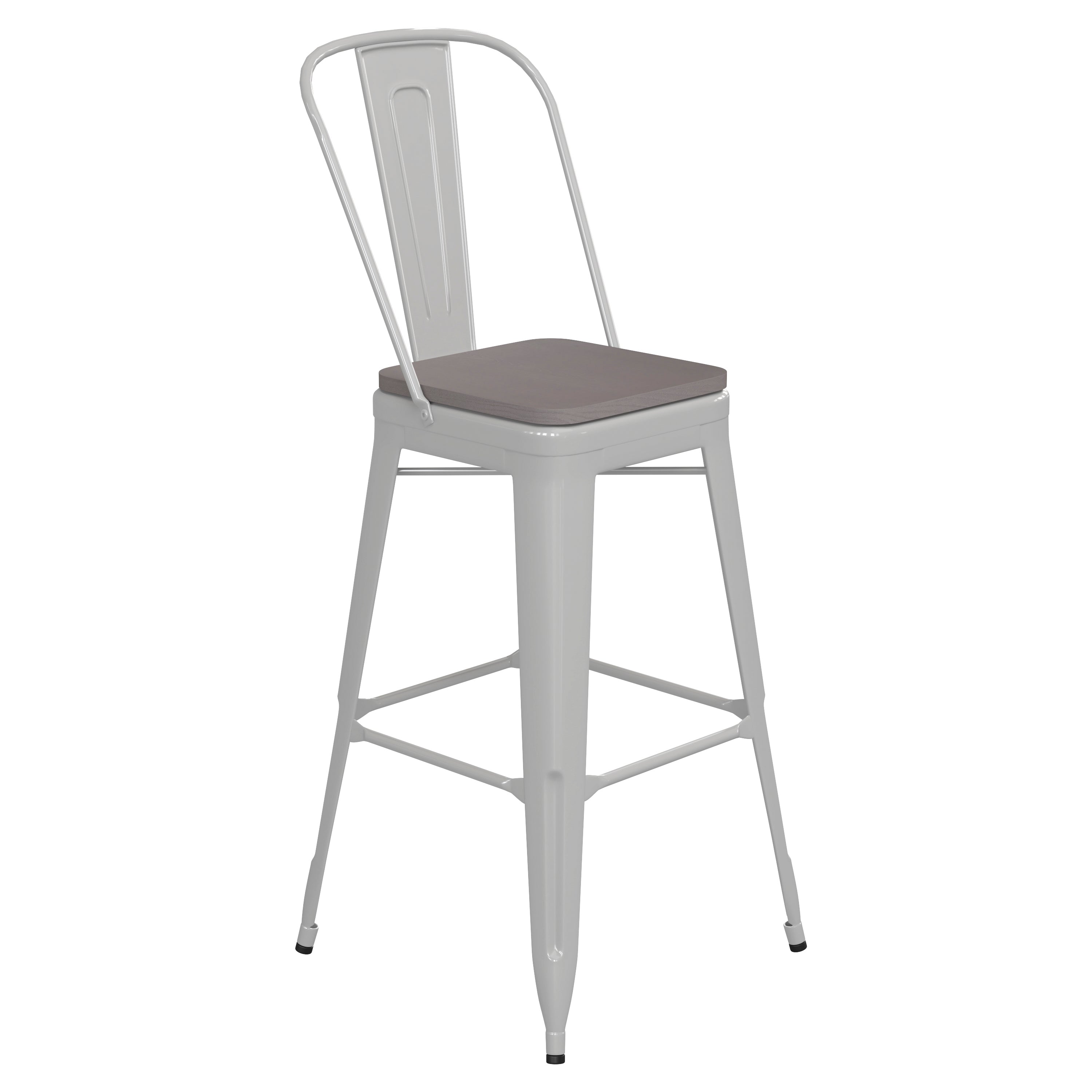 Kai Commercial Grade 30" High White Metal Indoor-Outdoor Bar Height Stool with Removable Back and Gray All-Weather Poly Resin Seat