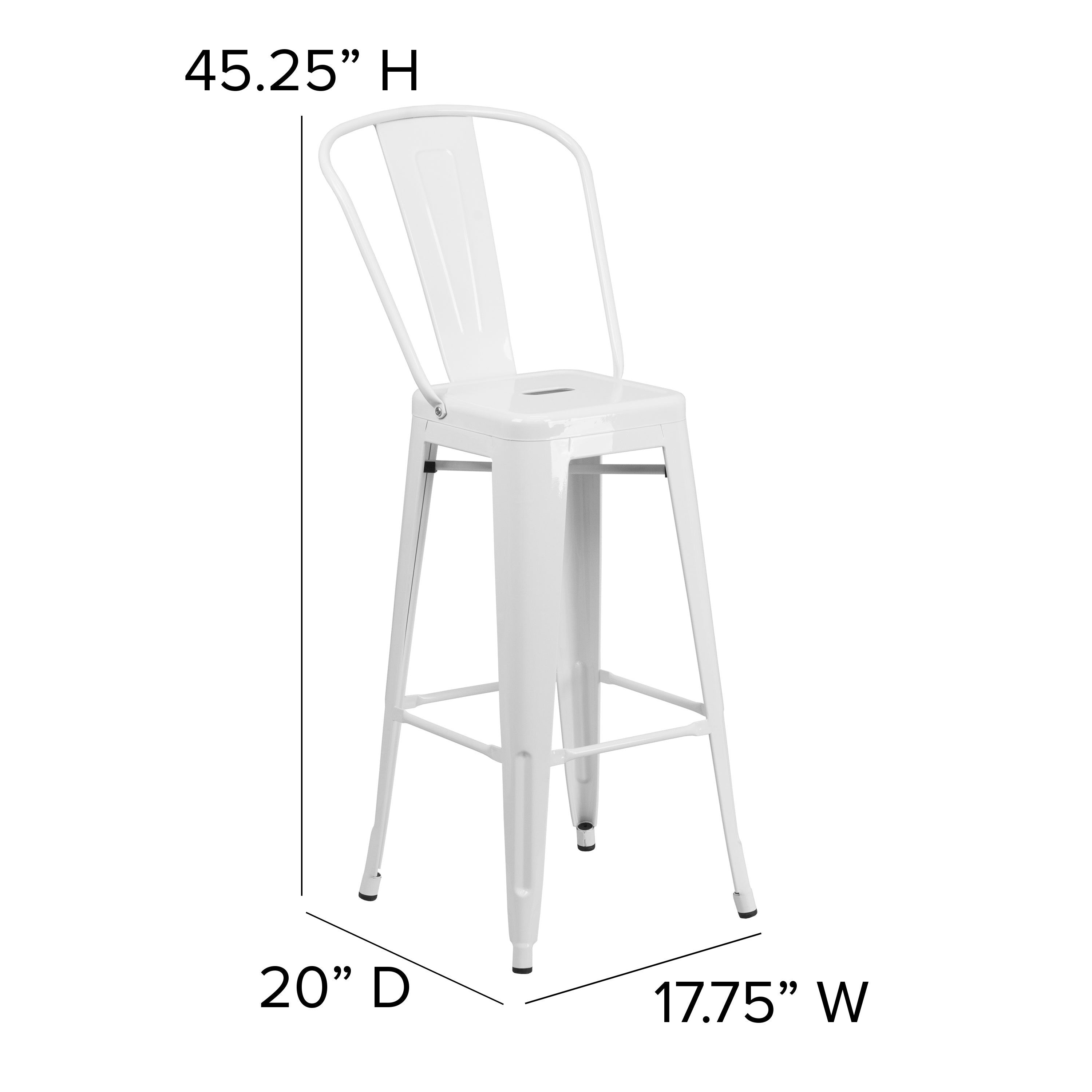 Kai Commercial Grade 30" High White Metal Indoor-Outdoor Bar Height Stool with Removable Back and Gray All-Weather Poly Resin Seat