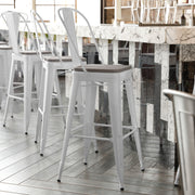 Kai Commercial Grade 30" High White Metal Indoor-Outdoor Bar Height Stool with Removable Back and Gray All-Weather Poly Resin Seat