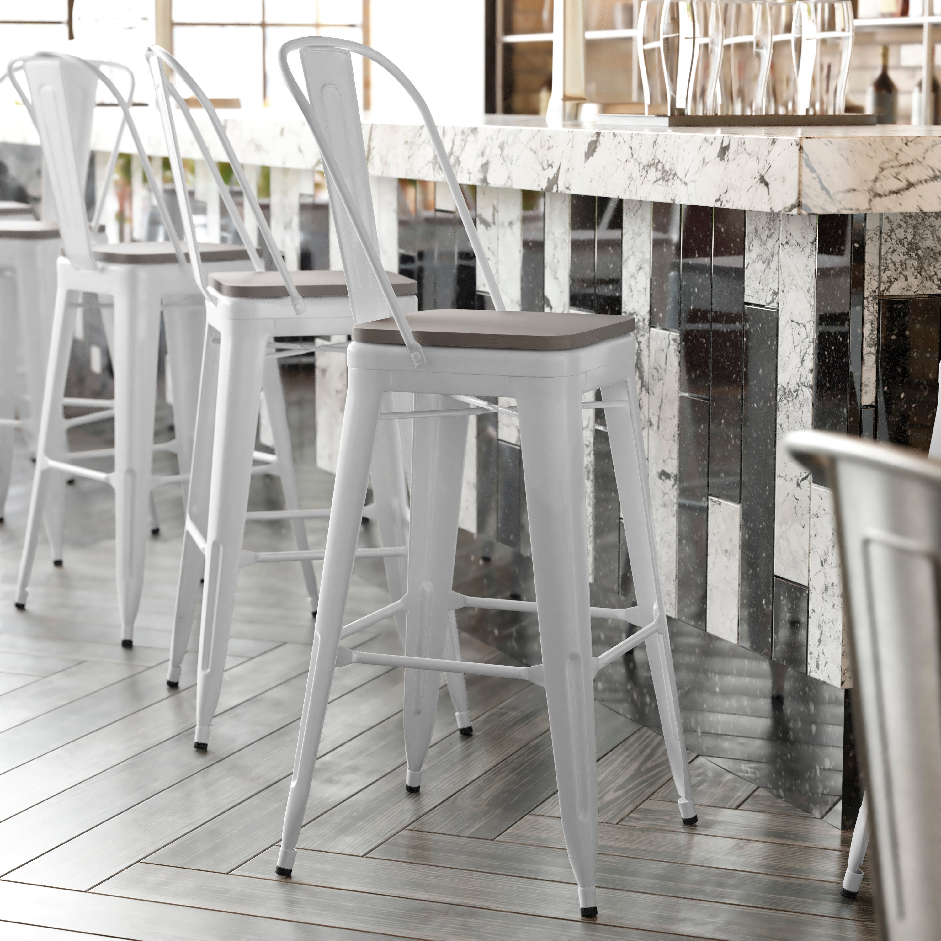 Kai Commercial Grade 30" High White Metal Indoor-Outdoor Bar Height Stool with Removable Back and Gray All-Weather Poly Resin Seat