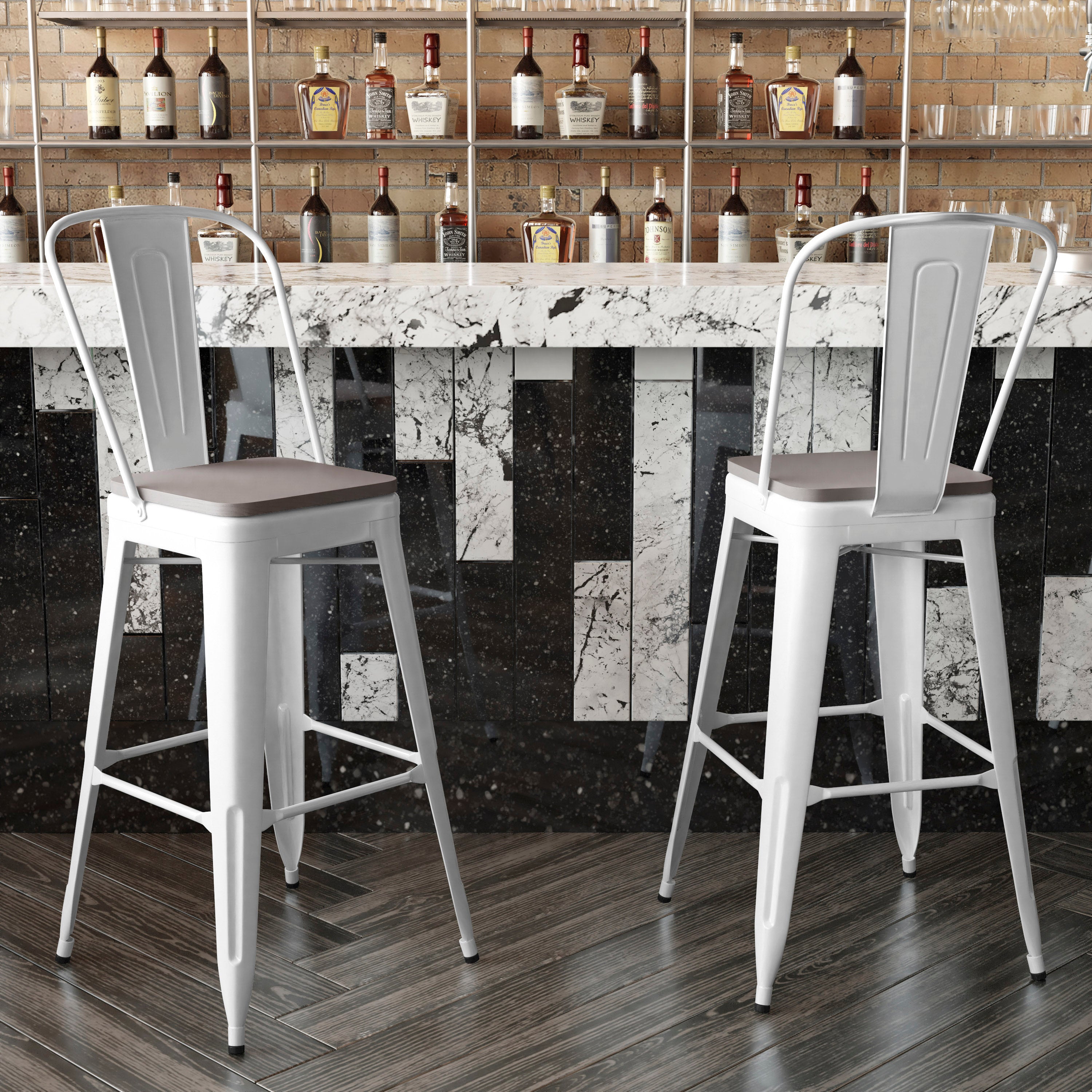 Kai Commercial Grade 30" High White Metal Indoor-Outdoor Bar Height Stool with Removable Back and Gray All-Weather Poly Resin Seat