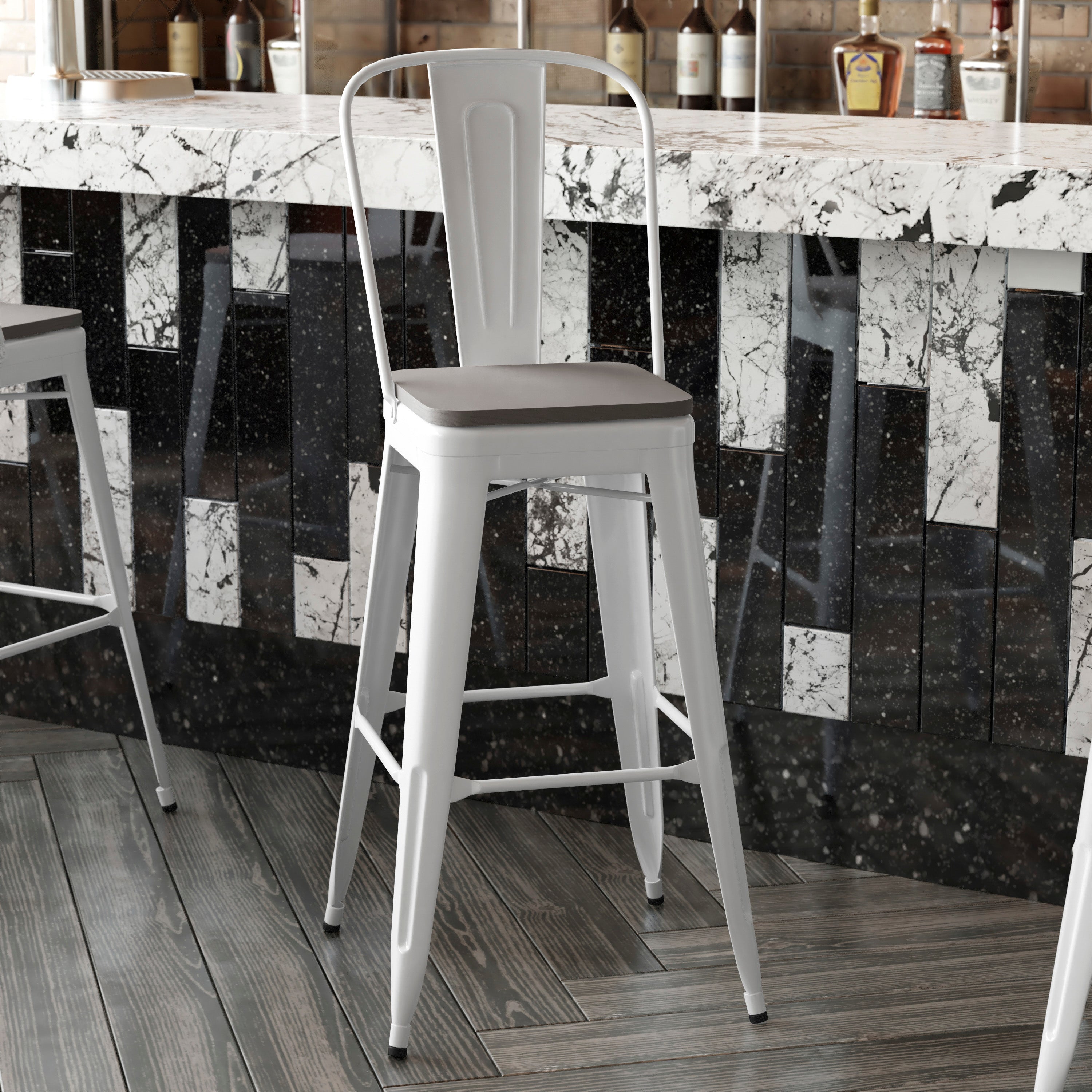 Kai Commercial Grade 30" High White Metal Indoor-Outdoor Bar Height Stool with Removable Back and Gray All-Weather Poly Resin Seat