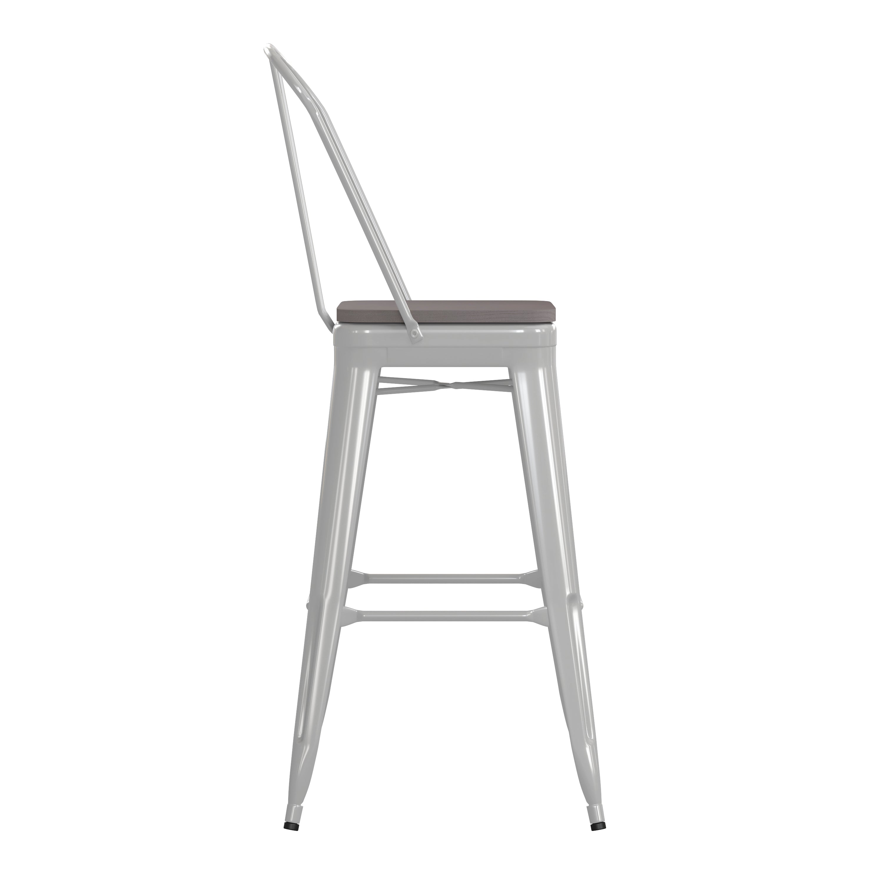Kai Commercial Grade 30" High White Metal Indoor-Outdoor Bar Height Stool with Removable Back and Gray All-Weather Poly Resin Seat