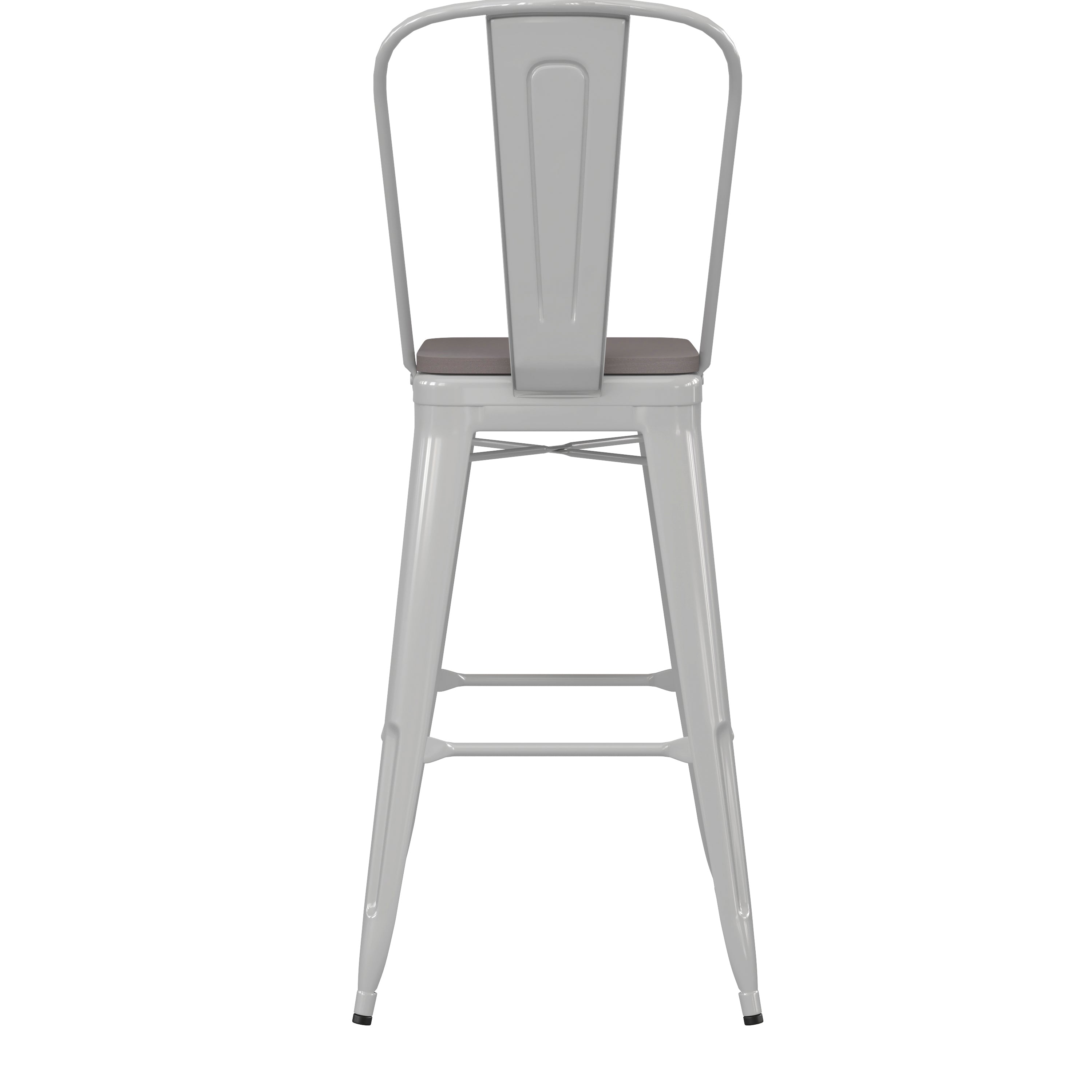 Kai Commercial Grade 30" High White Metal Indoor-Outdoor Bar Height Stool with Removable Back and Gray All-Weather Poly Resin Seat