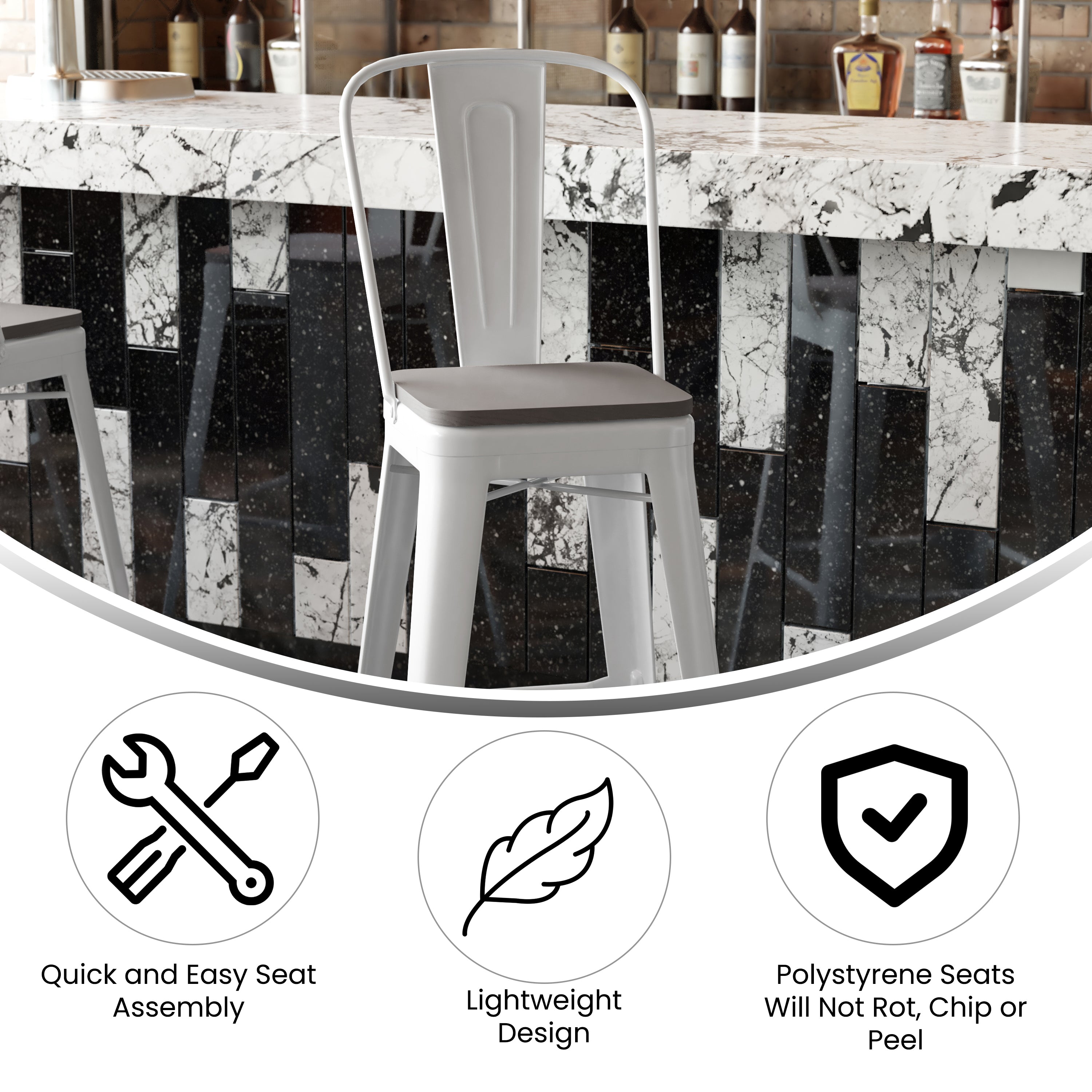 Kai Commercial Grade 30" High White Metal Indoor-Outdoor Bar Height Stool with Removable Back and Gray All-Weather Poly Resin Seat