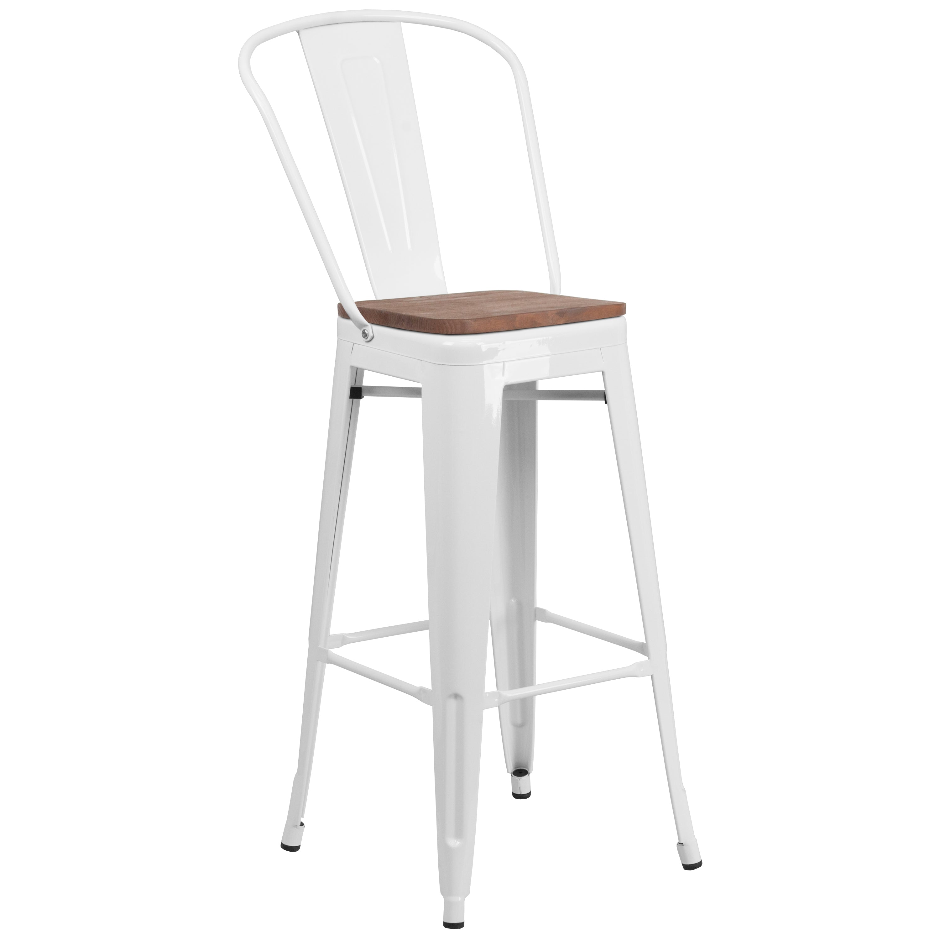 Lily 30" High White Metal Barstool with Back and Wood Seat