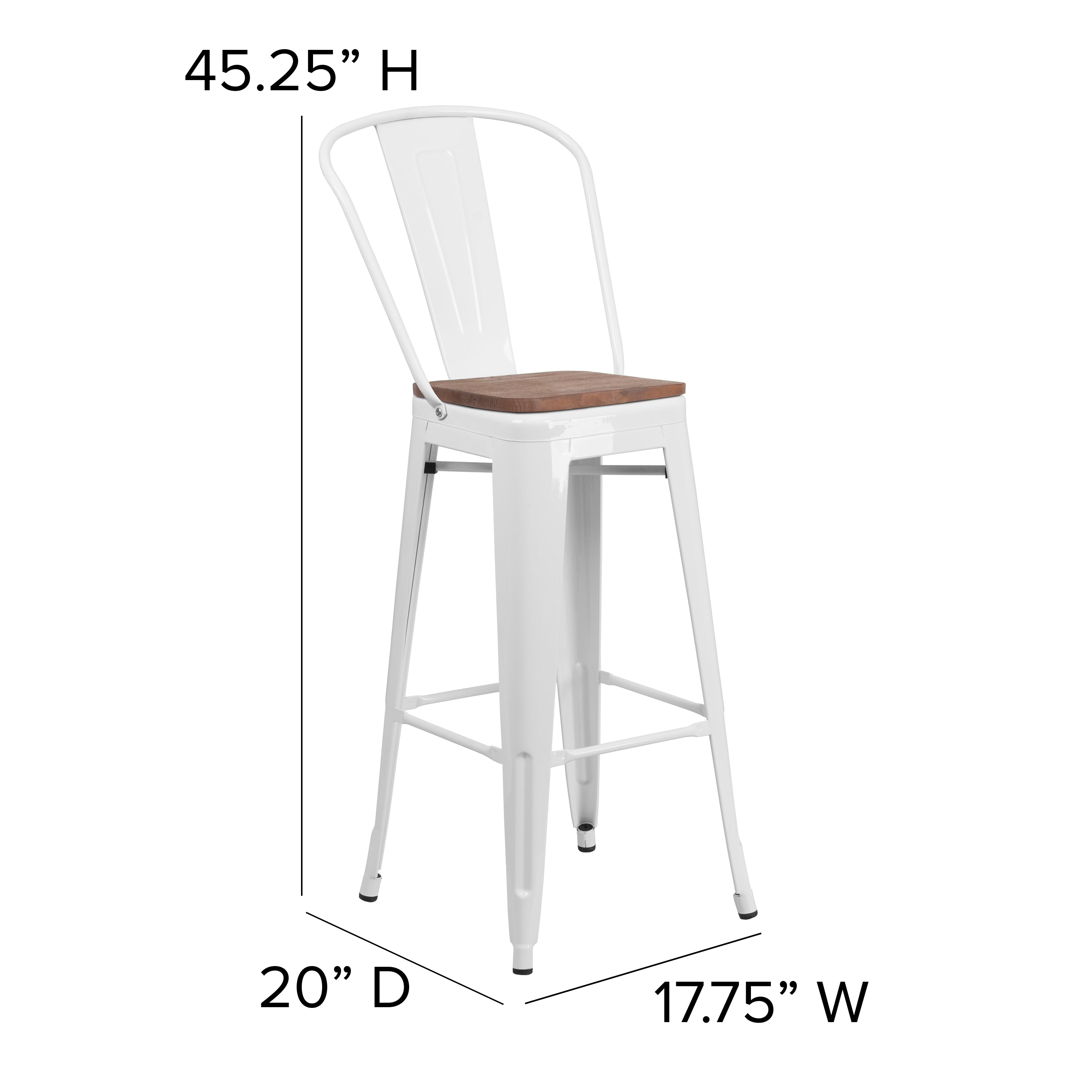 Lily 30" High White Metal Barstool with Back and Wood Seat