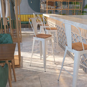 Lily 30" High White Metal Barstool with Back and Wood Seat