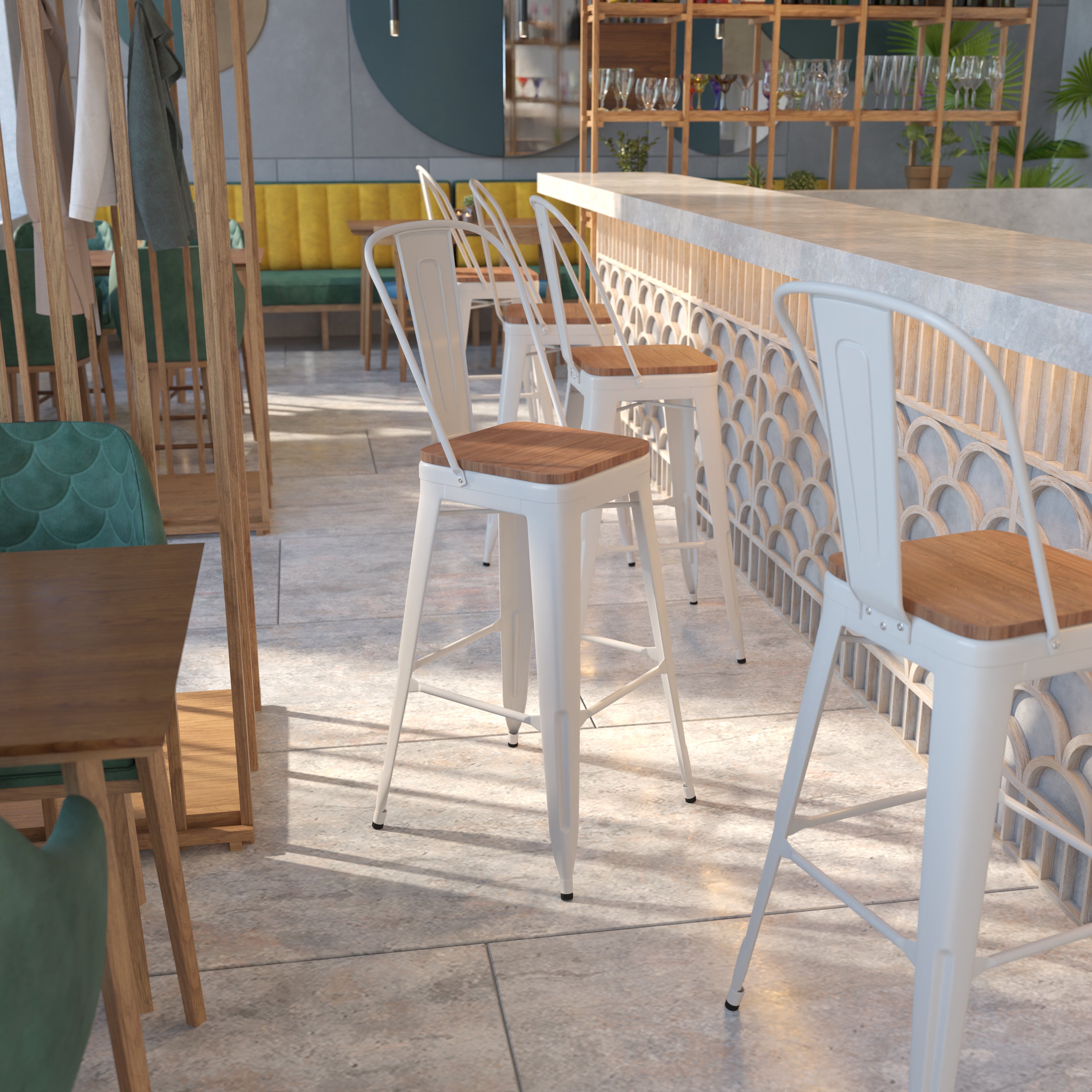 Lily 30" High White Metal Barstool with Back and Wood Seat