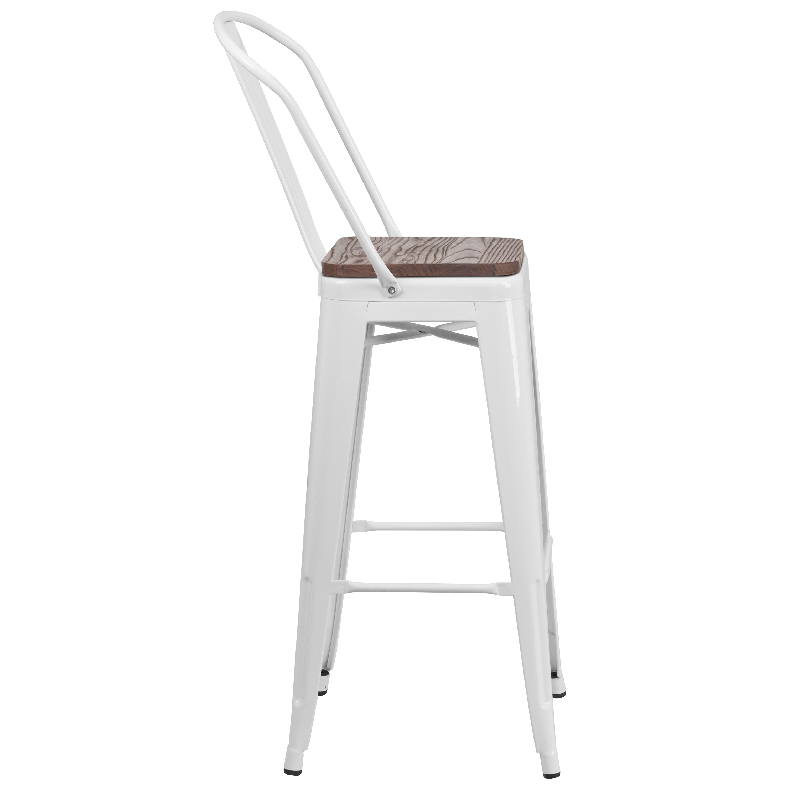 Lily 30" High White Metal Barstool with Back and Wood Seat