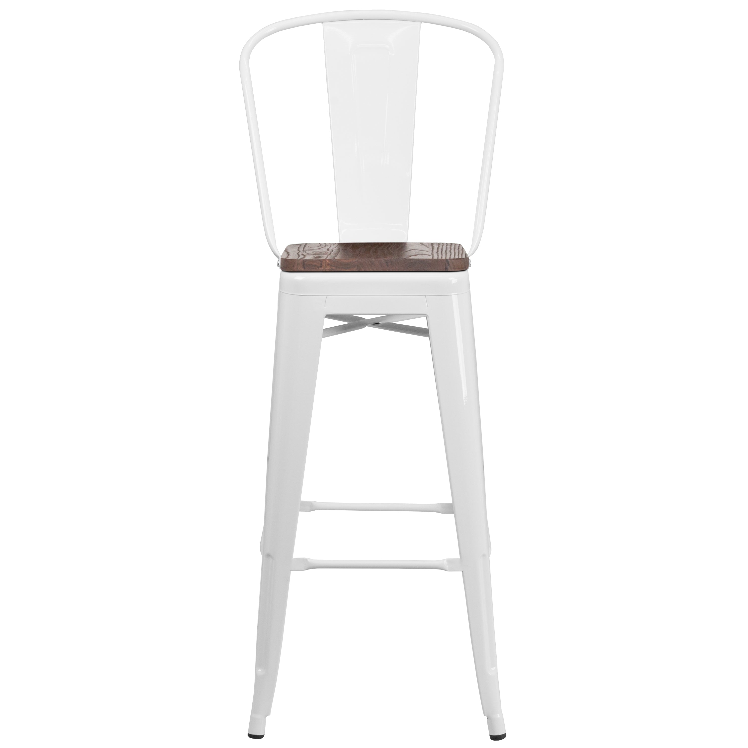 Lily 30" High White Metal Barstool with Back and Wood Seat
