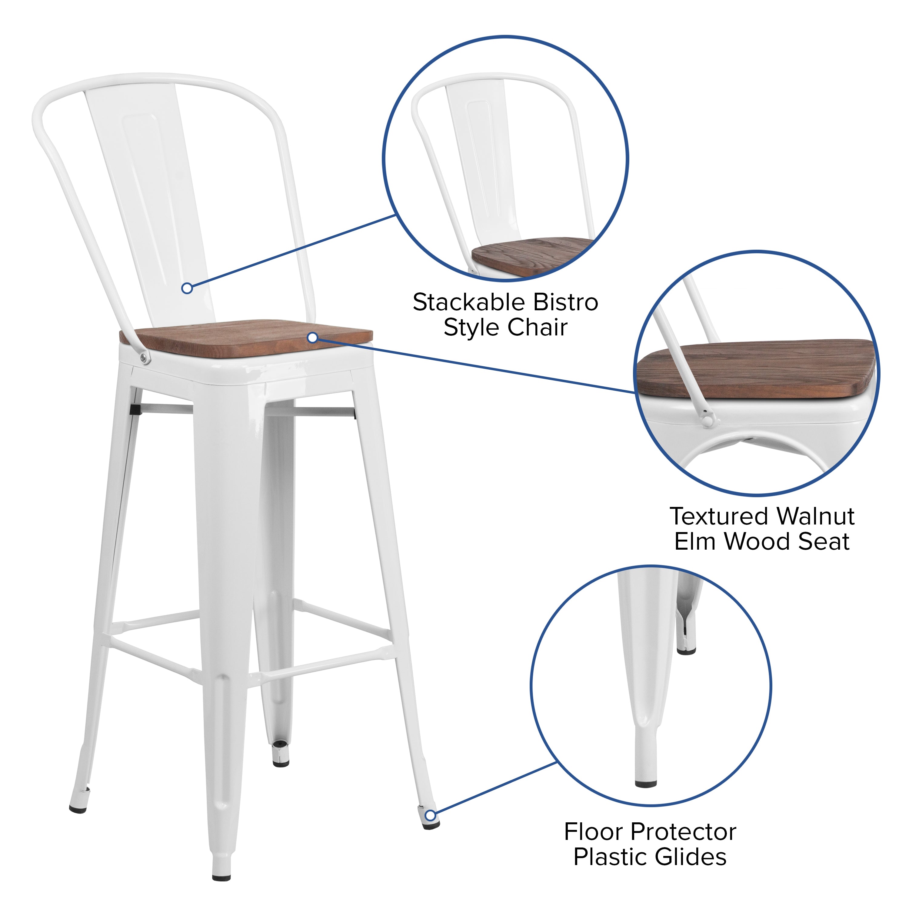 Lily 30" High White Metal Barstool with Back and Wood Seat
