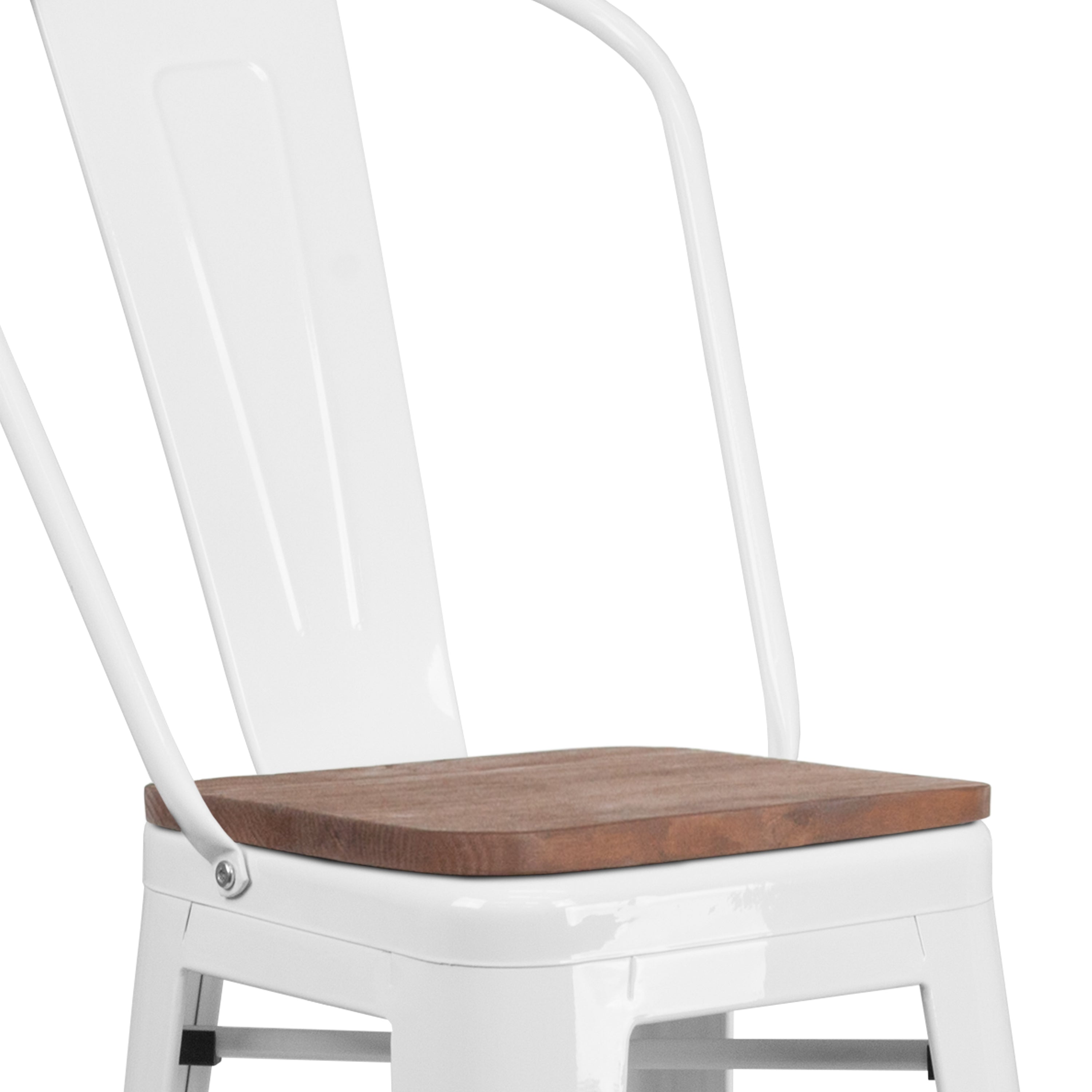 Lily 30" High White Metal Barstool with Back and Wood Seat