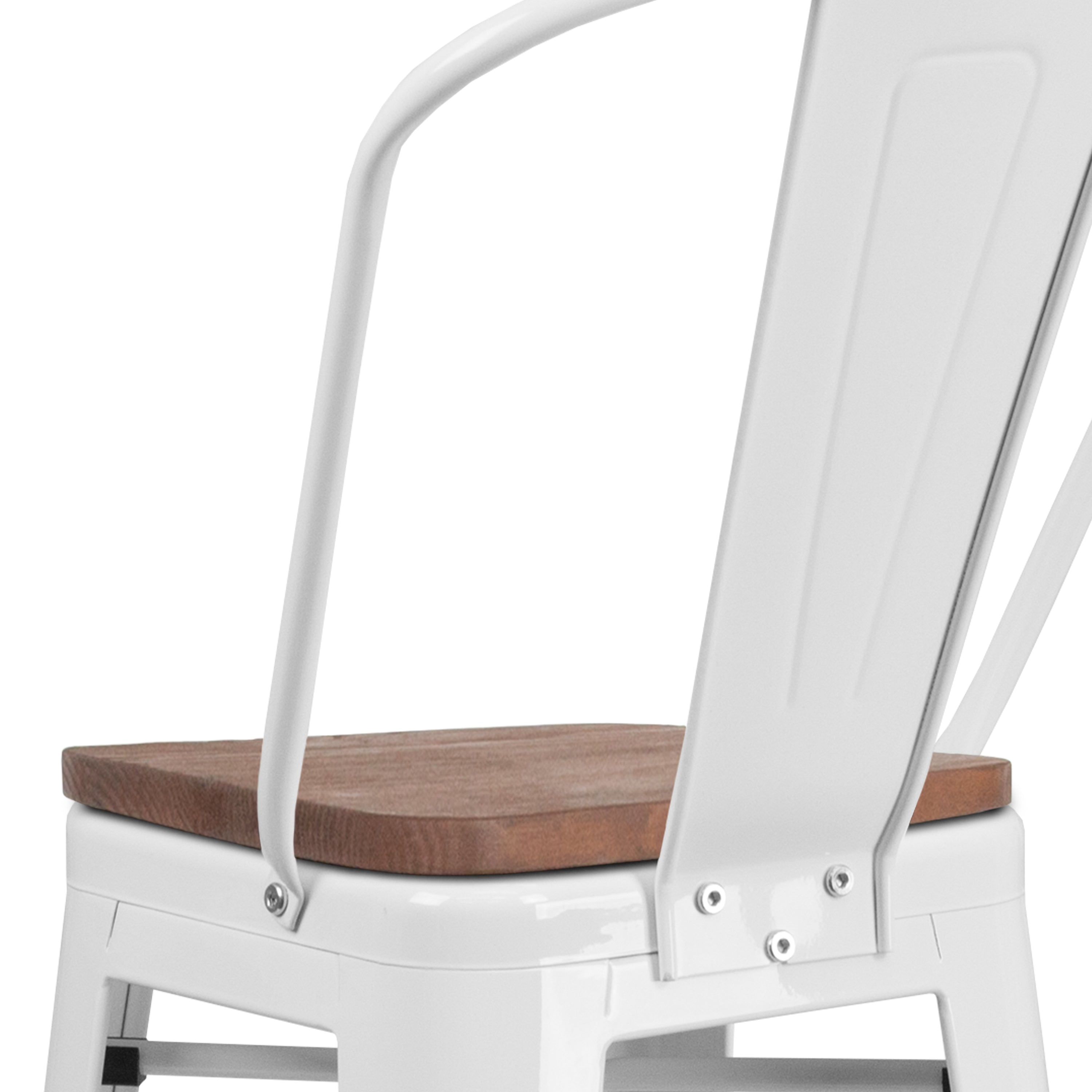 Lily 30" High White Metal Barstool with Back and Wood Seat