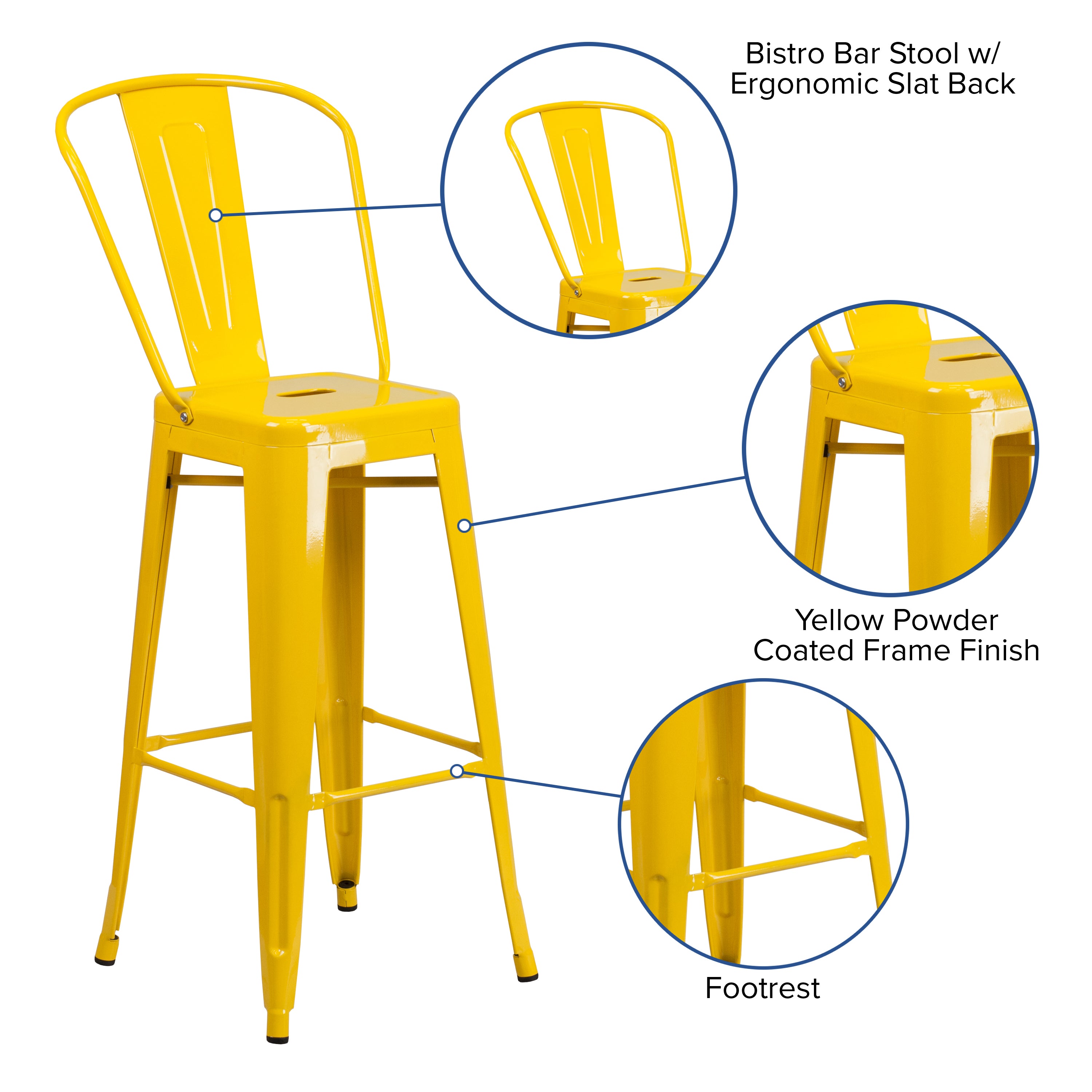 Kai Commercial Grade 30" High Yellow Metal Indoor-Outdoor Barstool with Removable Back