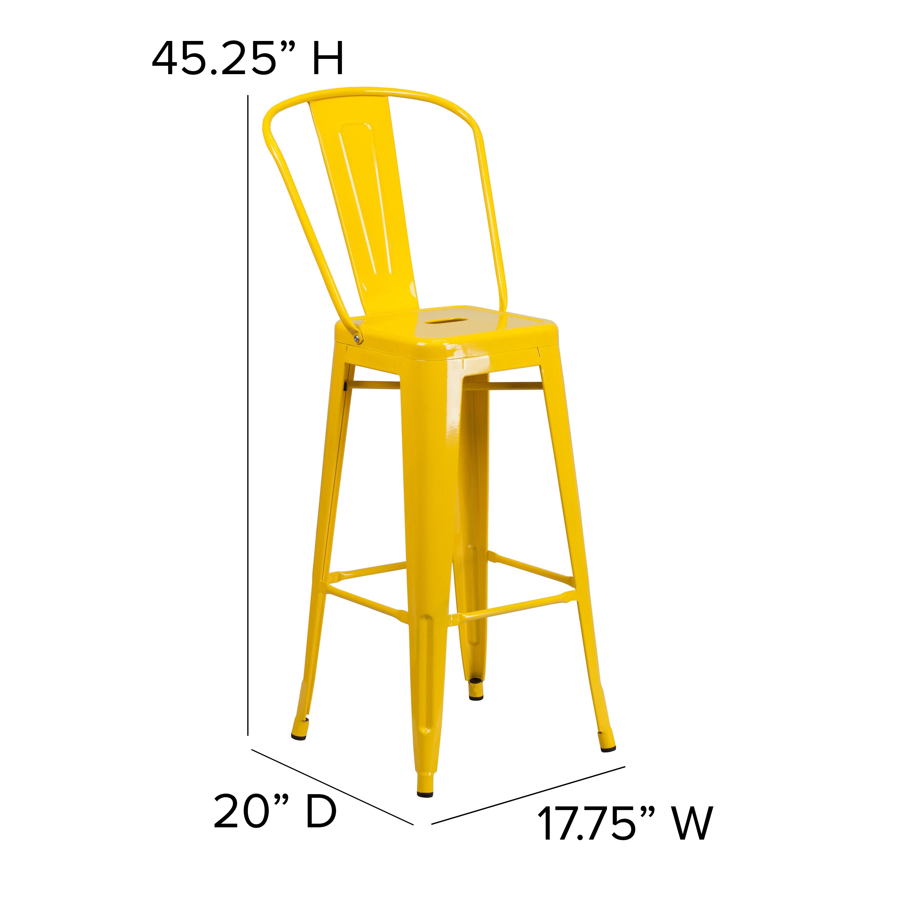 Kai Commercial Grade 30" High Yellow Metal Indoor-Outdoor Bar Height Stool with Removable Back and Teak All-Weather Poly Resin Seat
