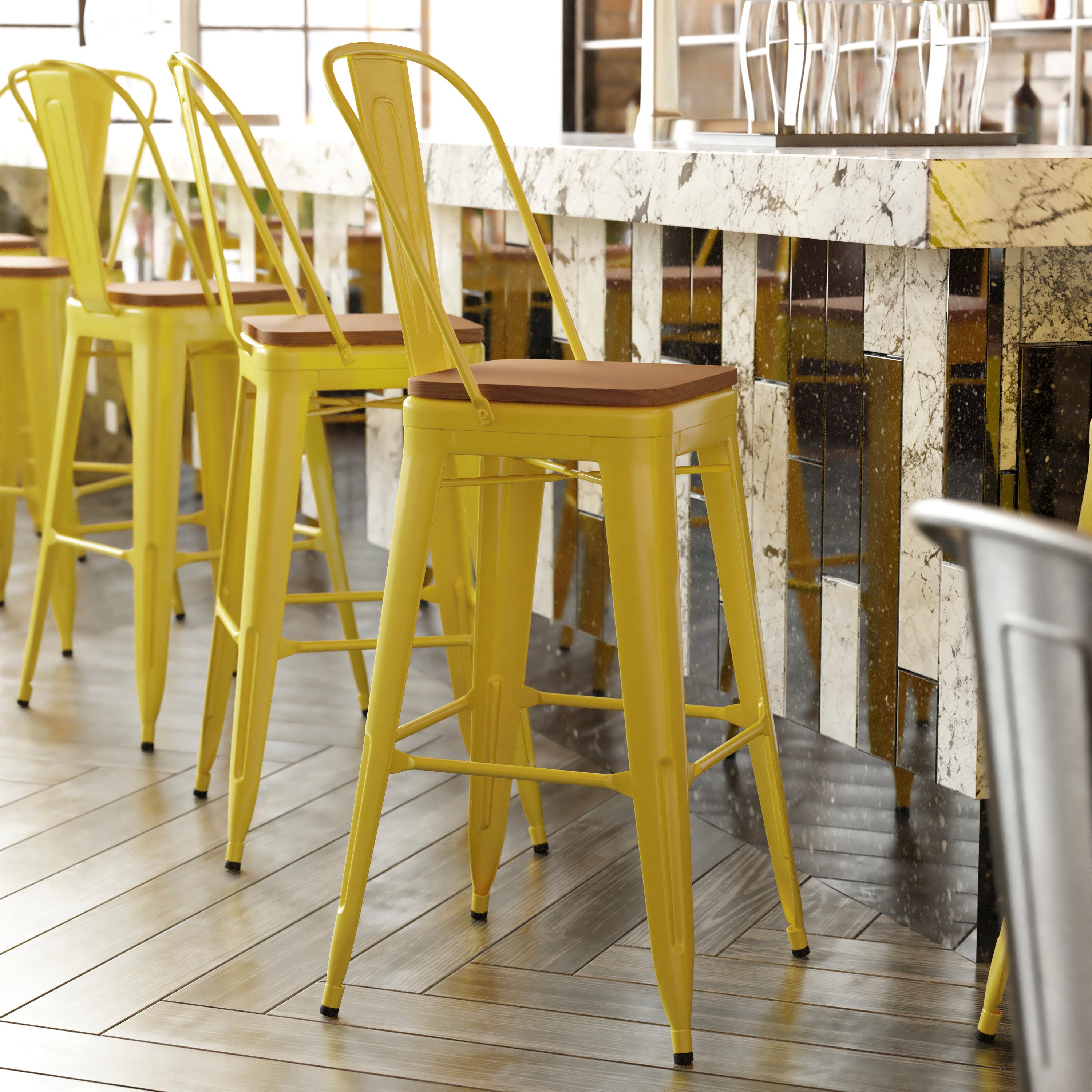 Kai Commercial Grade 30" High Yellow Metal Indoor-Outdoor Bar Height Stool with Removable Back and Teak All-Weather Poly Resin Seat