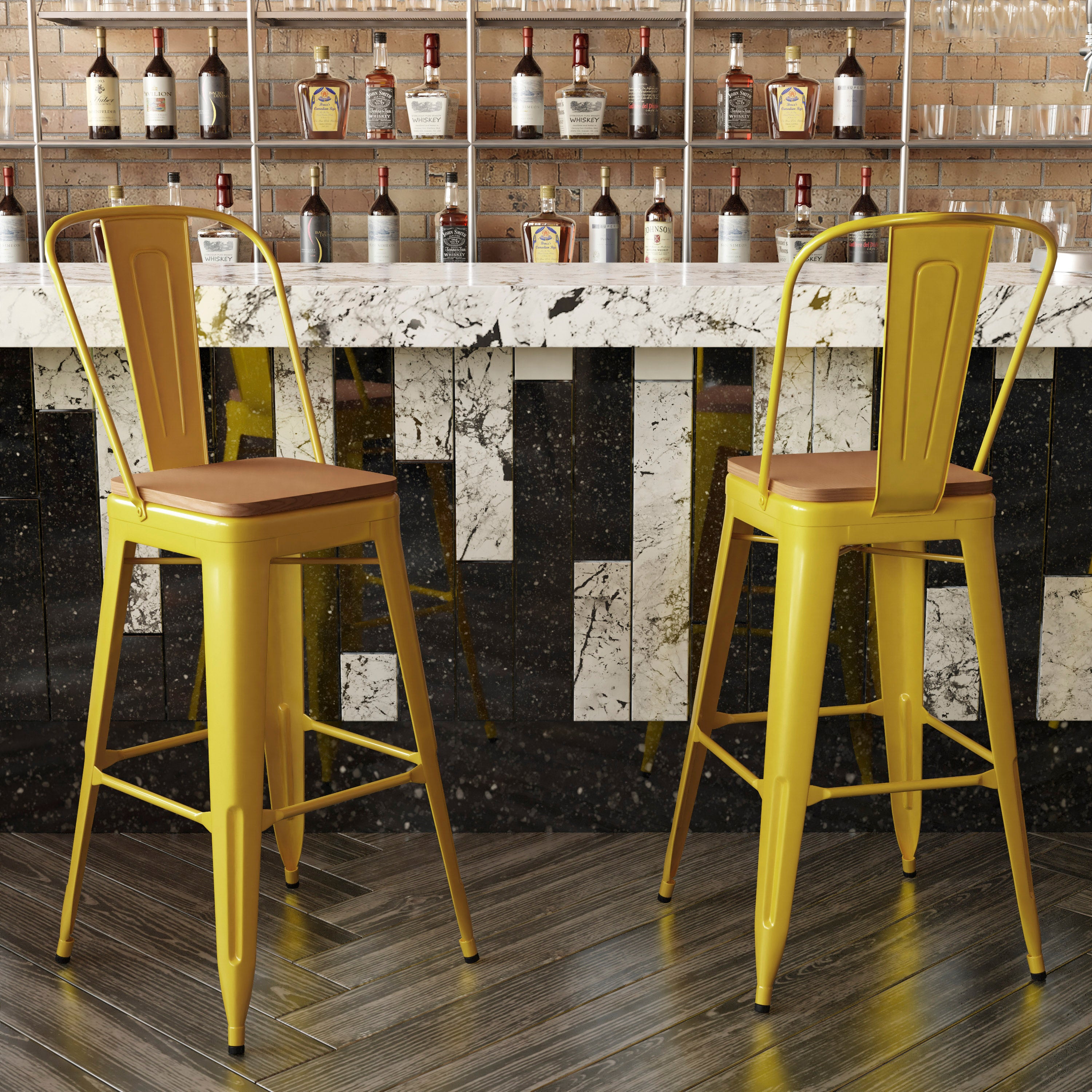 Kai Commercial Grade 30" High Yellow Metal Indoor-Outdoor Bar Height Stool with Removable Back and Teak All-Weather Poly Resin Seat