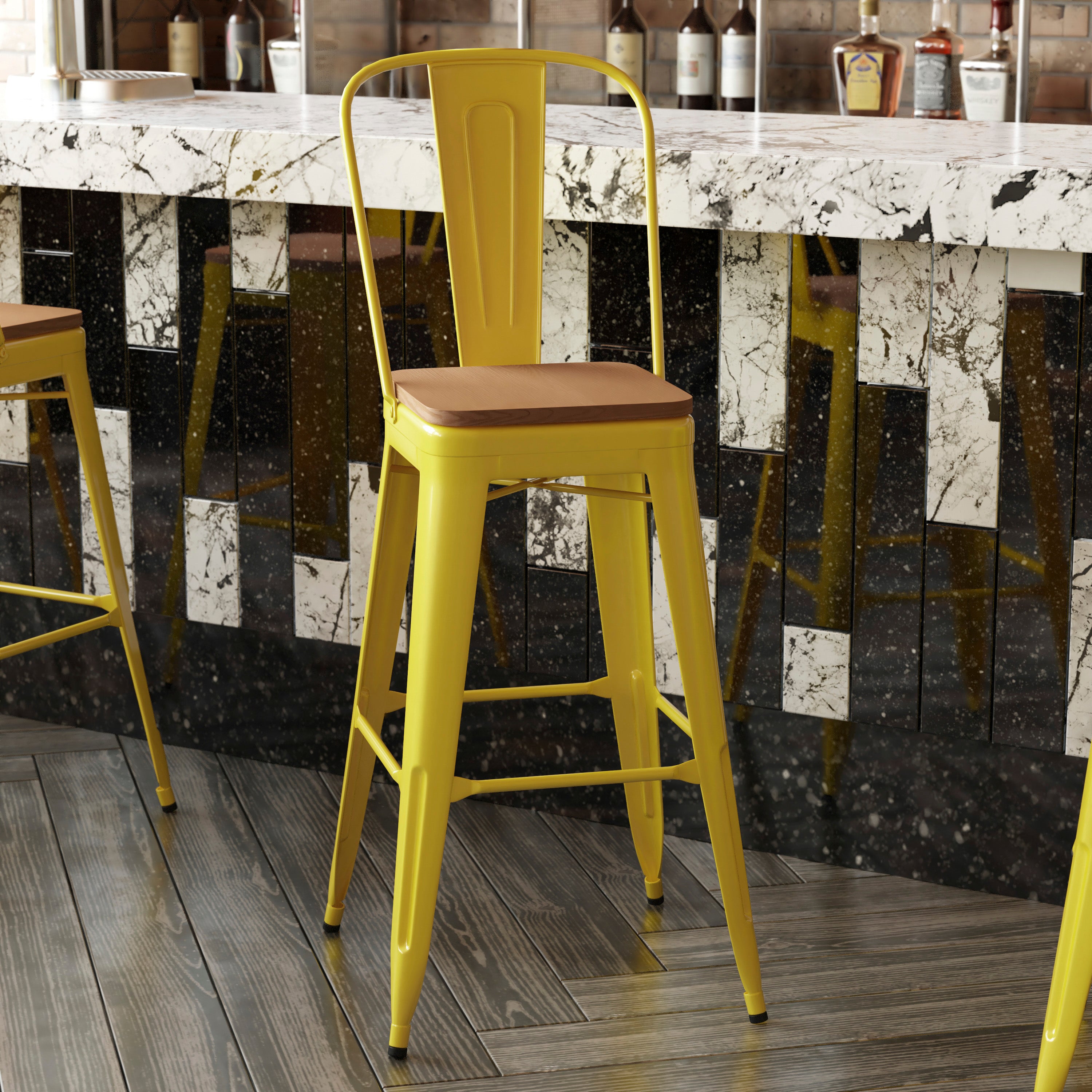 Kai Commercial Grade 30" High Yellow Metal Indoor-Outdoor Bar Height Stool with Removable Back and Teak All-Weather Poly Resin Seat