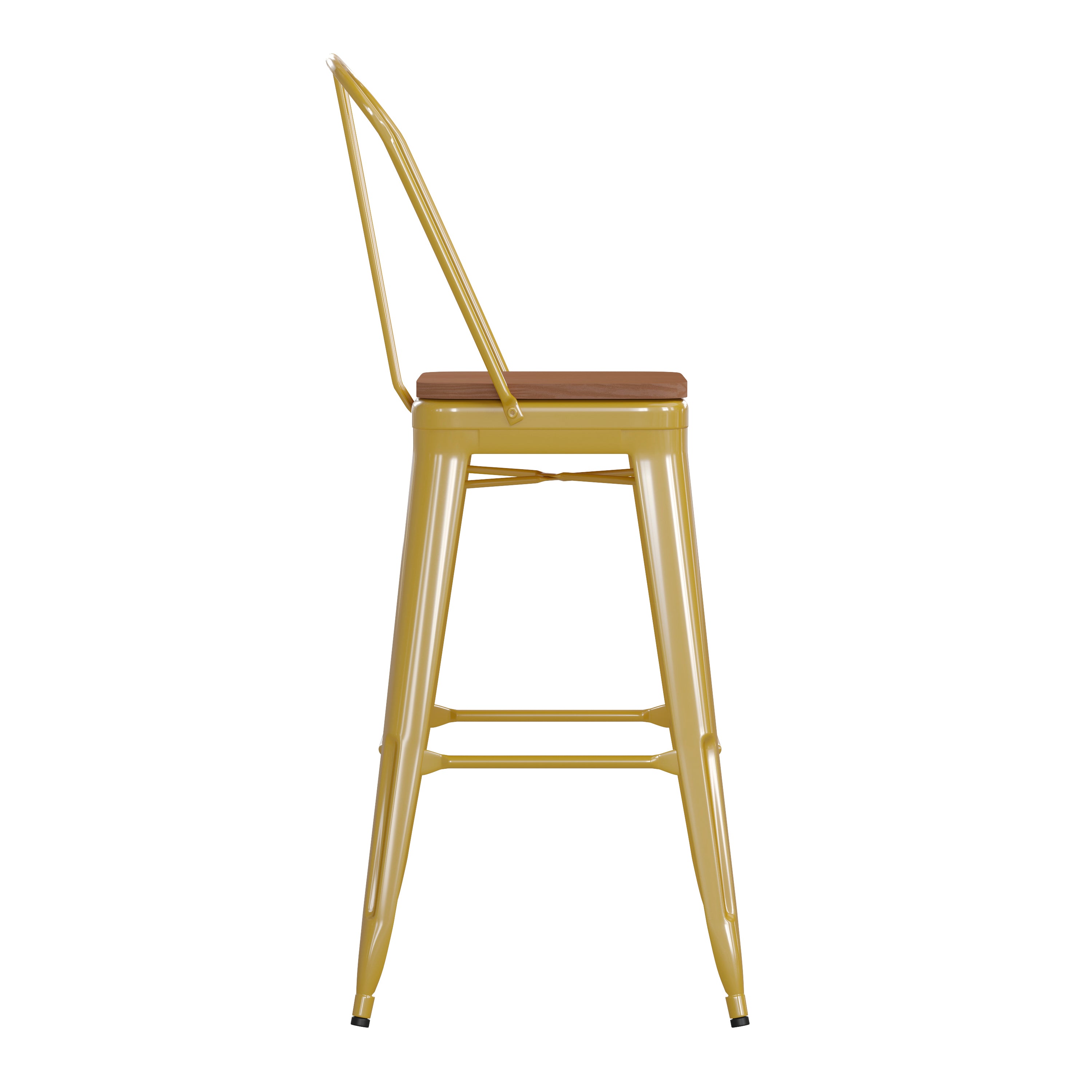 Kai Commercial Grade 30" High Yellow Metal Indoor-Outdoor Bar Height Stool with Removable Back and Teak All-Weather Poly Resin Seat