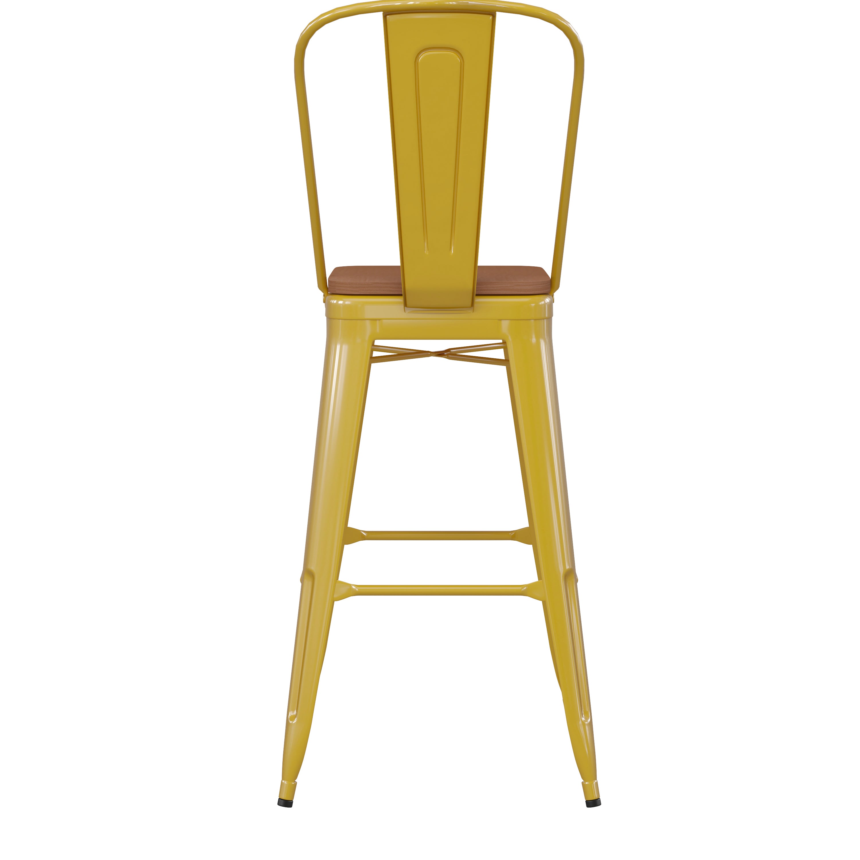 Kai Commercial Grade 30" High Yellow Metal Indoor-Outdoor Bar Height Stool with Removable Back and Teak All-Weather Poly Resin Seat