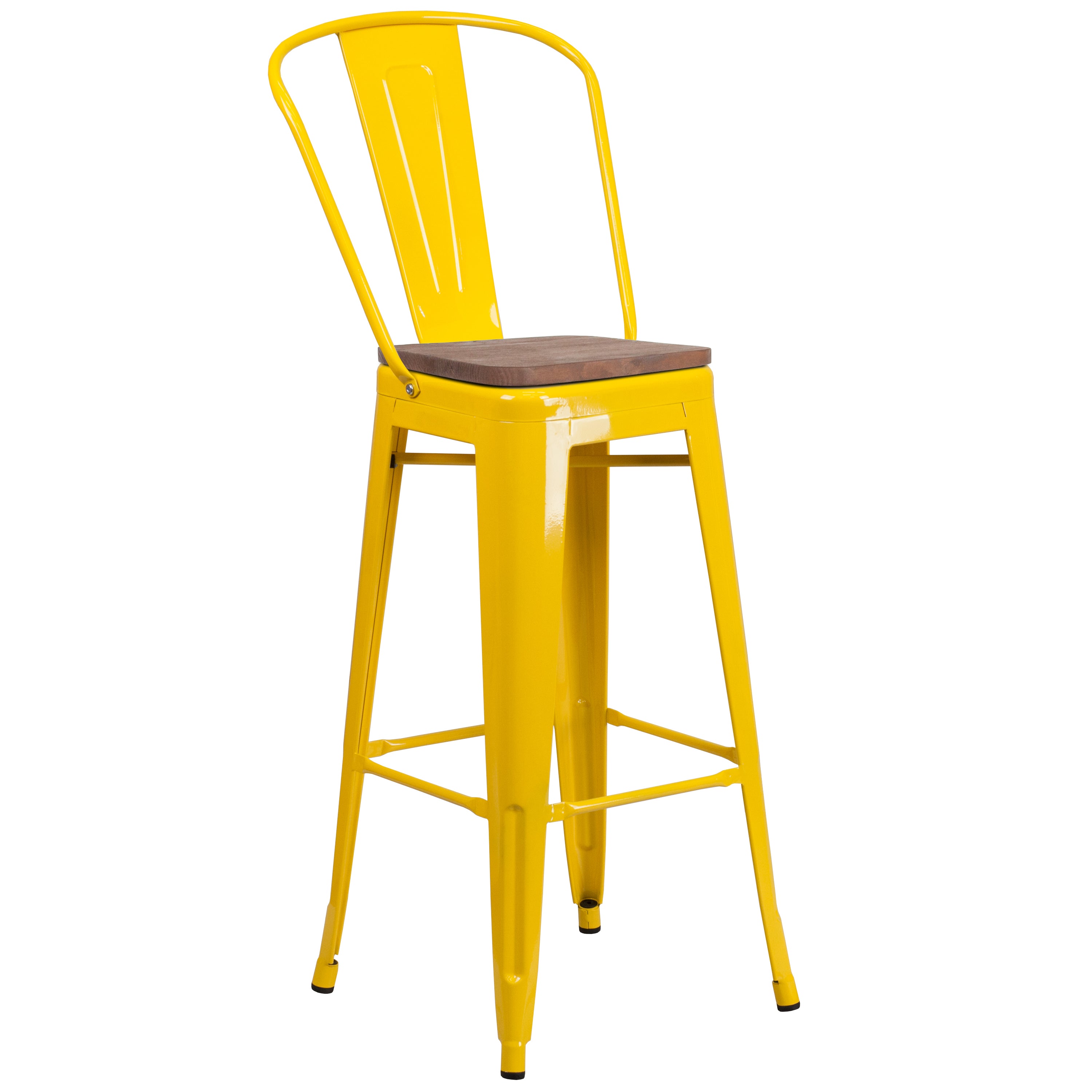 Lily 30" High Yellow Metal Barstool with Back and Wood Seat
