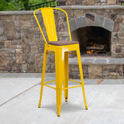 Lily 30" High Yellow Metal Barstool with Back and Wood Seat