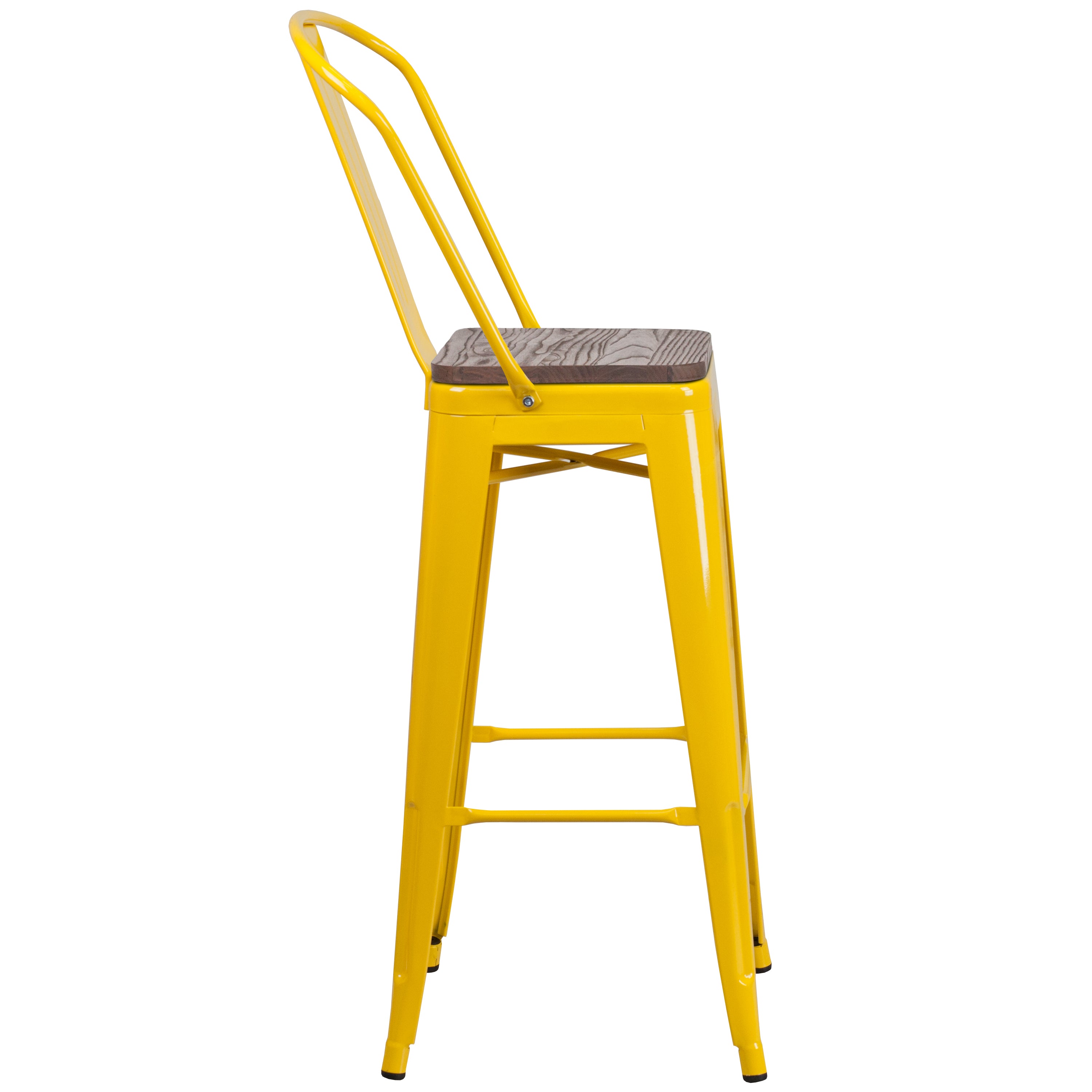 Lily 30" High Yellow Metal Barstool with Back and Wood Seat